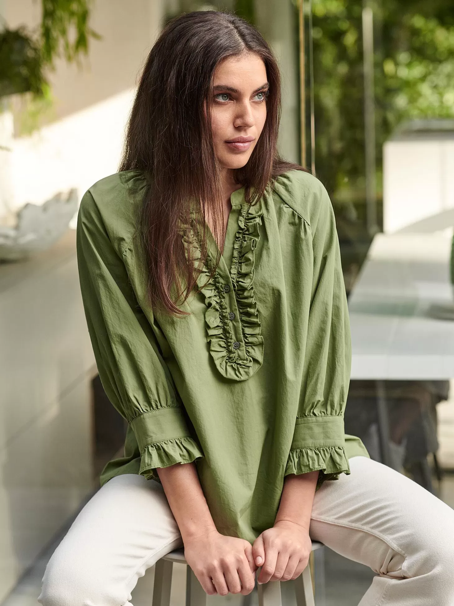 REPEAT cashmere Blouse A Volants En Coton Pur Matcha Sale