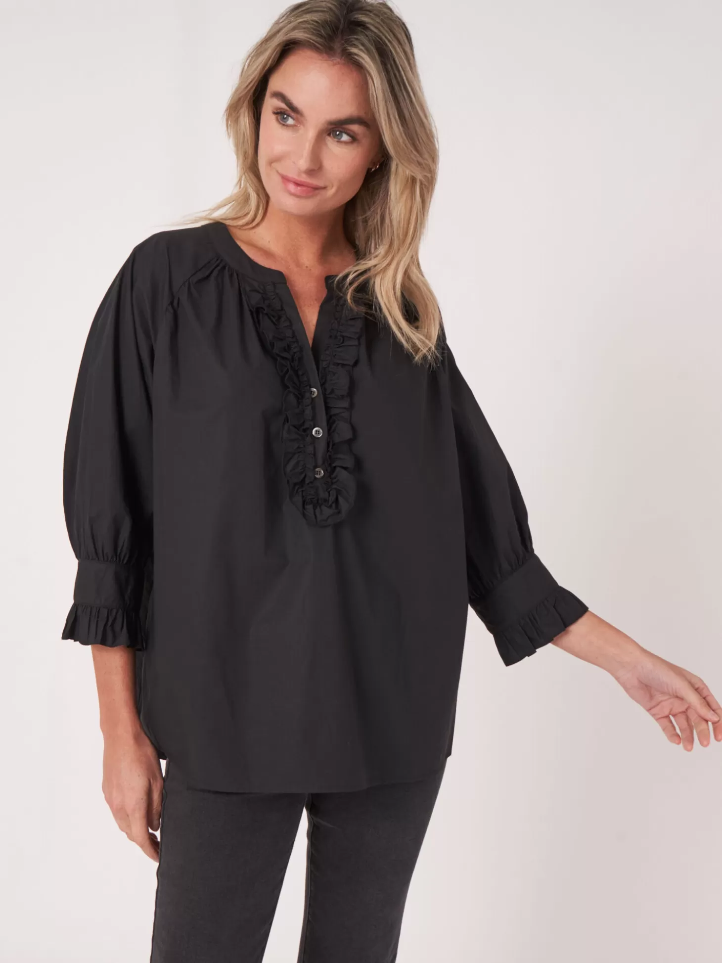 REPEAT cashmere Blouse A Volants En Coton Pur Black Cheap