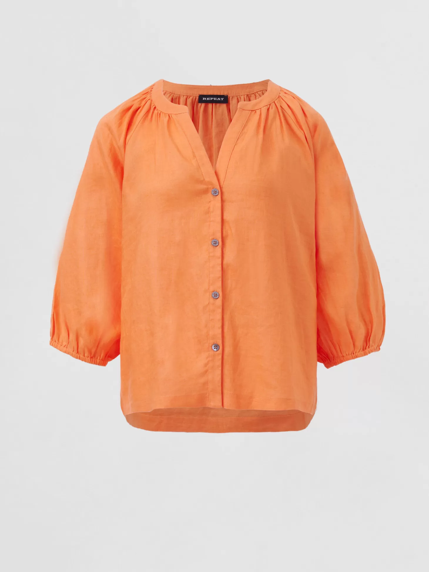 REPEAT cashmere Blouse Boutonnee En Lin A Manches Bouffantes Papaya New