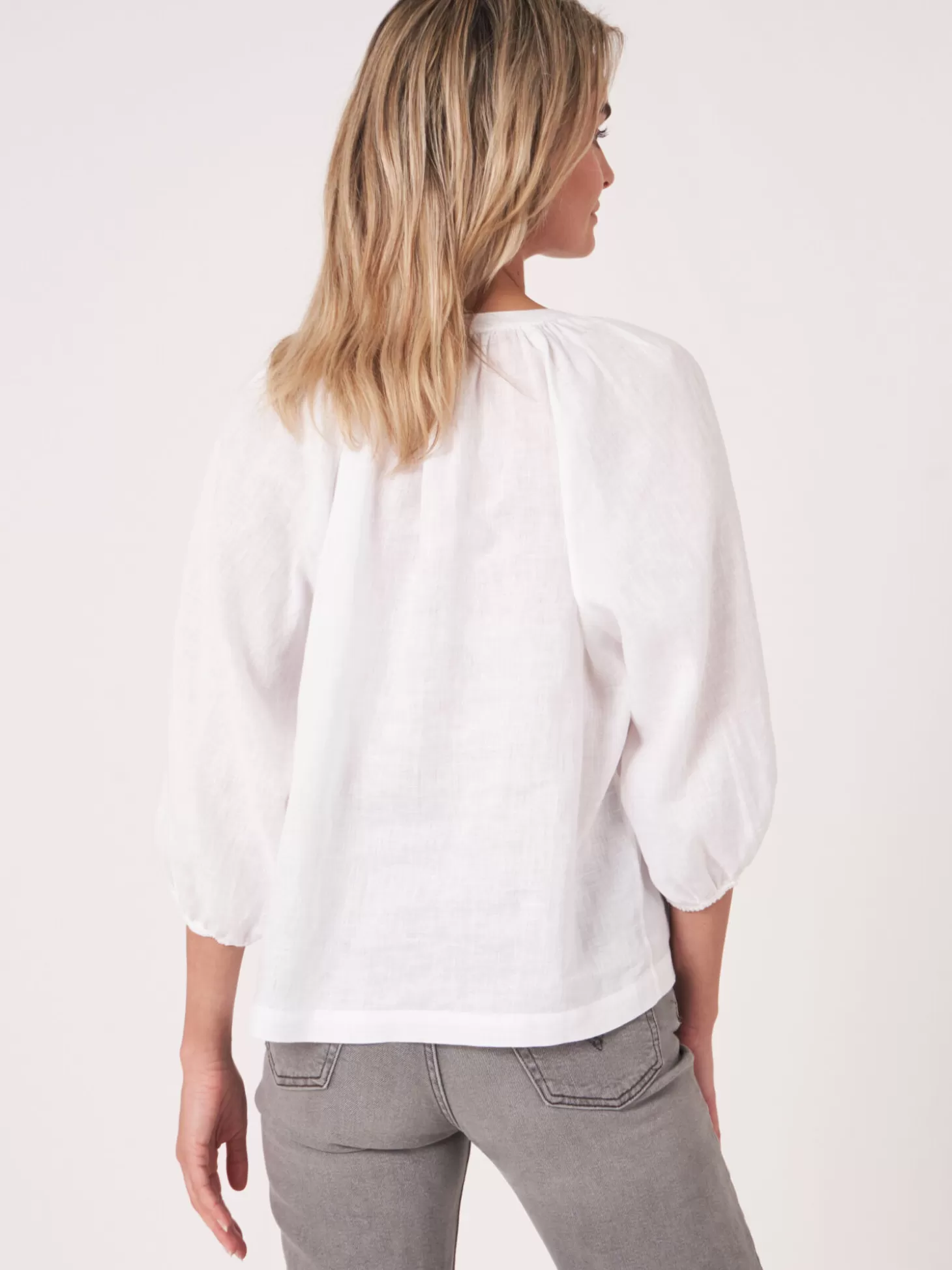 REPEAT cashmere Blouse Boutonnee En Lin A Manches Bouffantes White Flash Sale