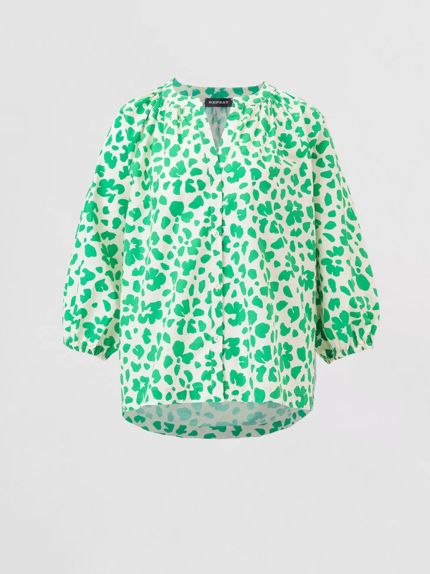 REPEAT cashmere Blouse En Coton A Manches Bouffantes Et Imprime Floral Basil Discount