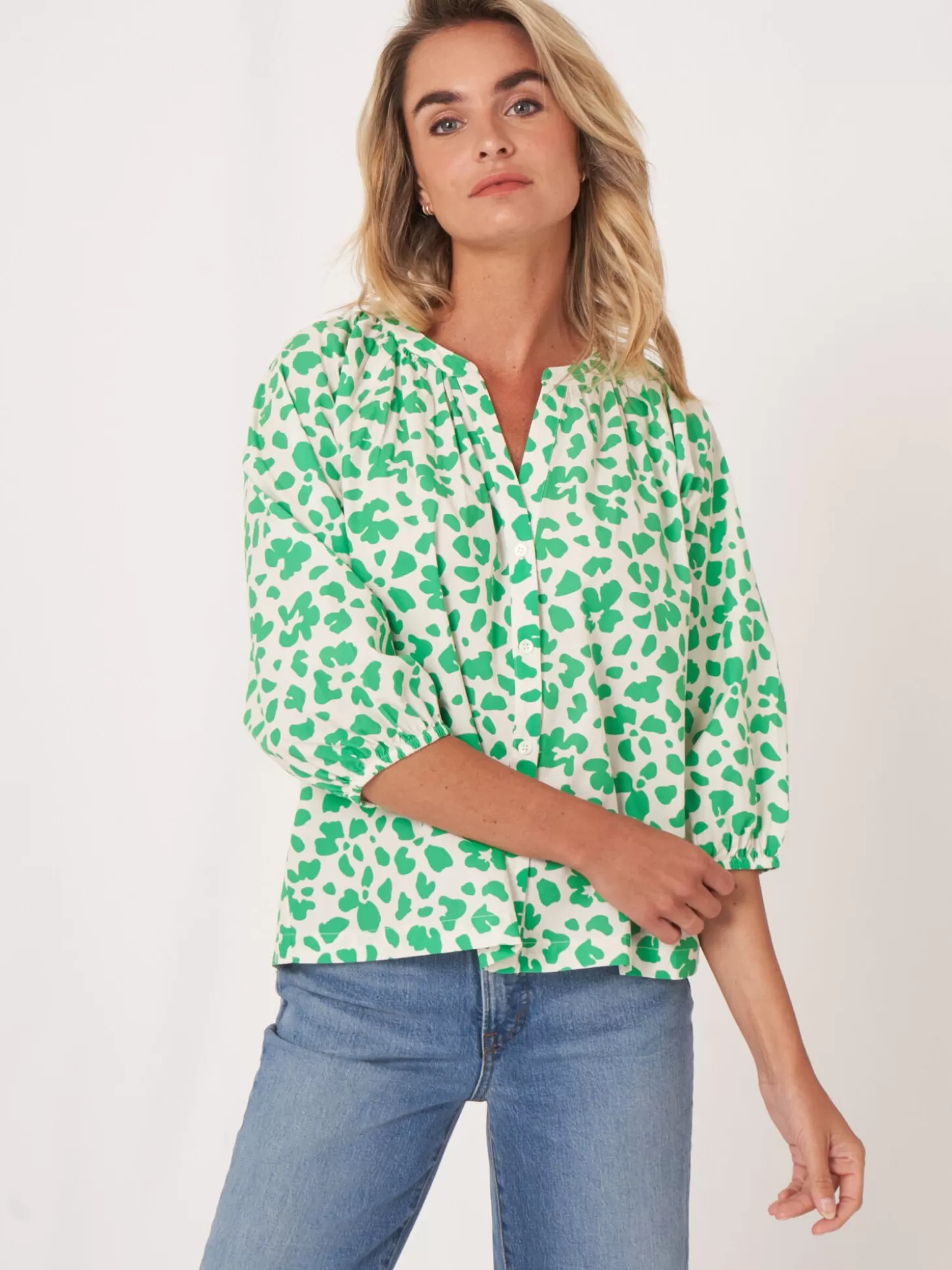 REPEAT cashmere Blouse En Coton A Manches Bouffantes Et Imprime Floral Basil Discount