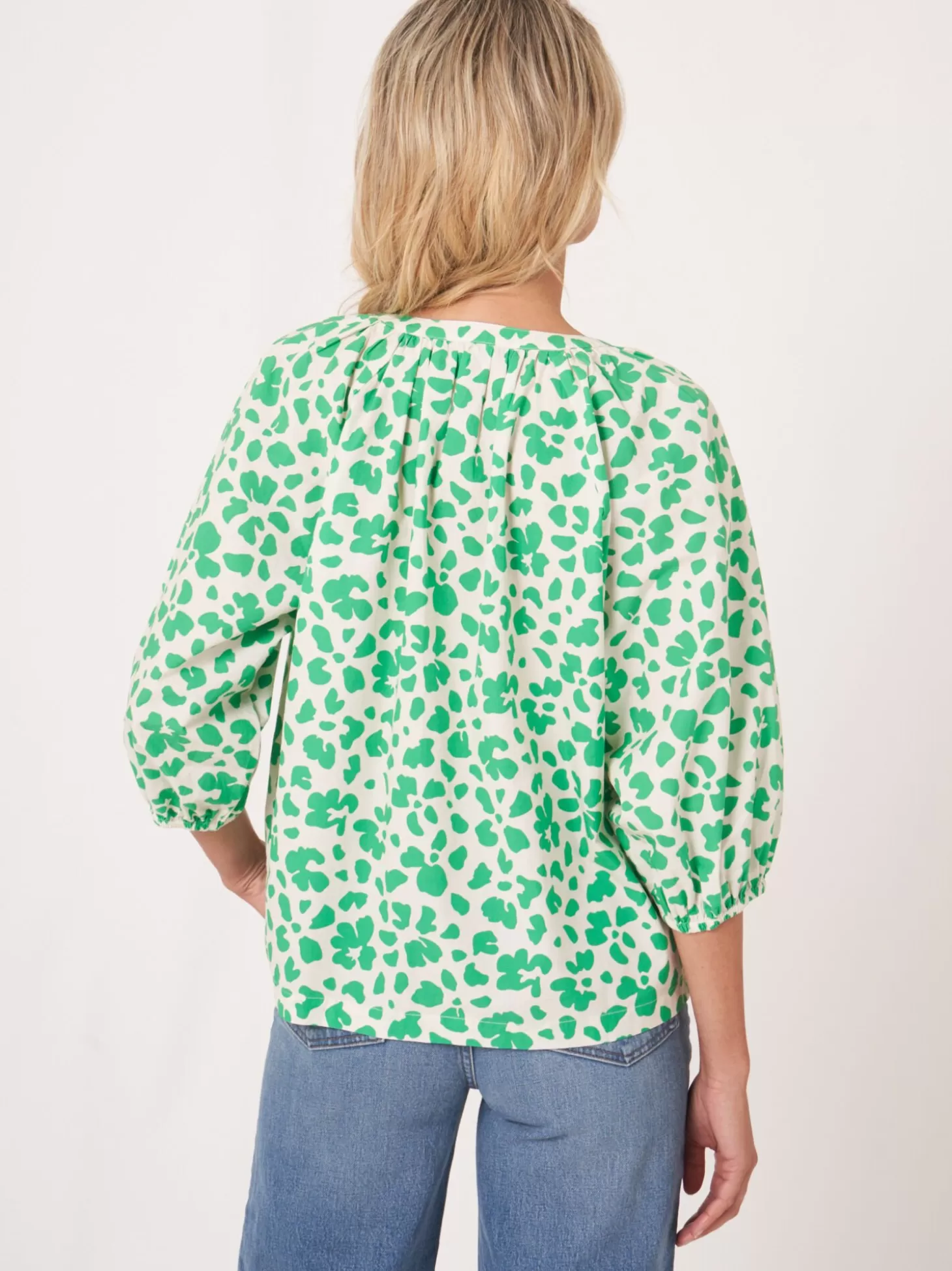 REPEAT cashmere Blouse En Coton A Manches Bouffantes Et Imprime Floral Basil Discount