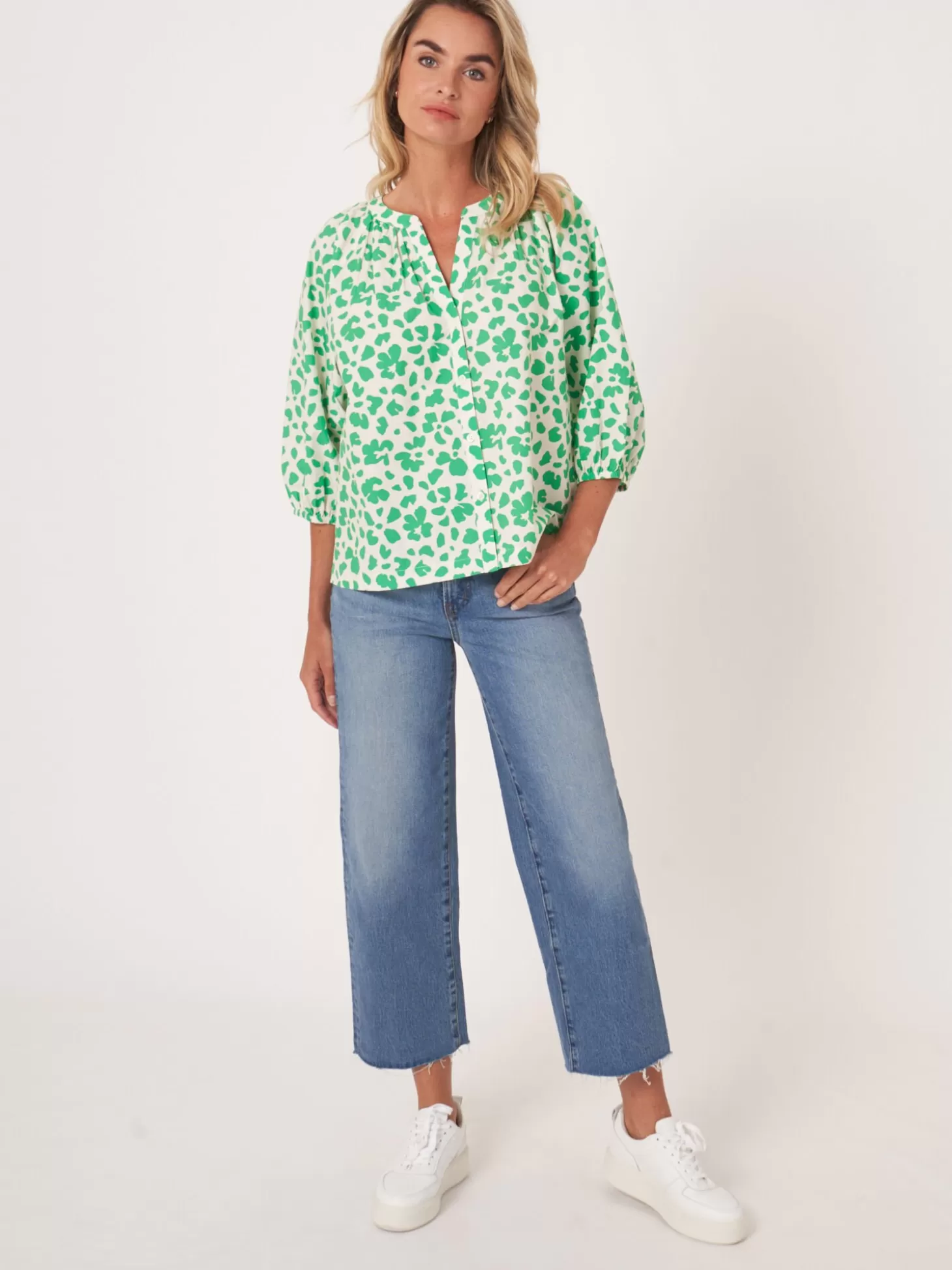 REPEAT cashmere Blouse En Coton A Manches Bouffantes Et Imprime Floral Basil Discount