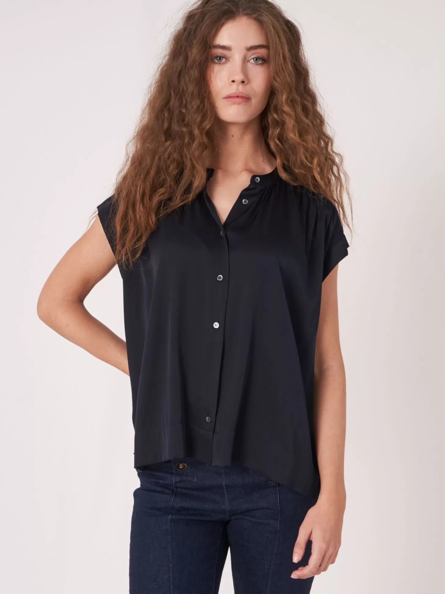 REPEAT cashmere Blouse Oversize En Soie A Boutons Navy Online