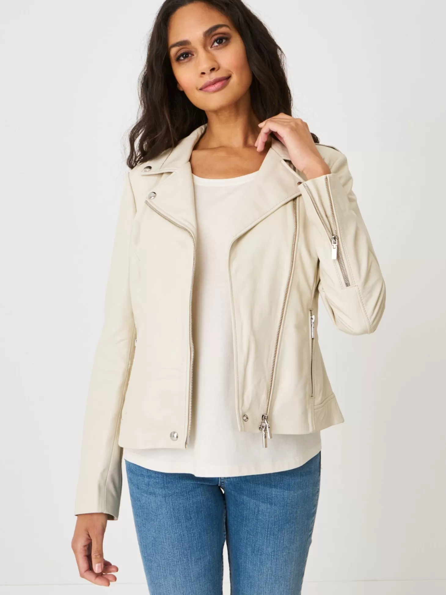 REPEAT cashmere Blouson Biker En Cuir Almond Cheap