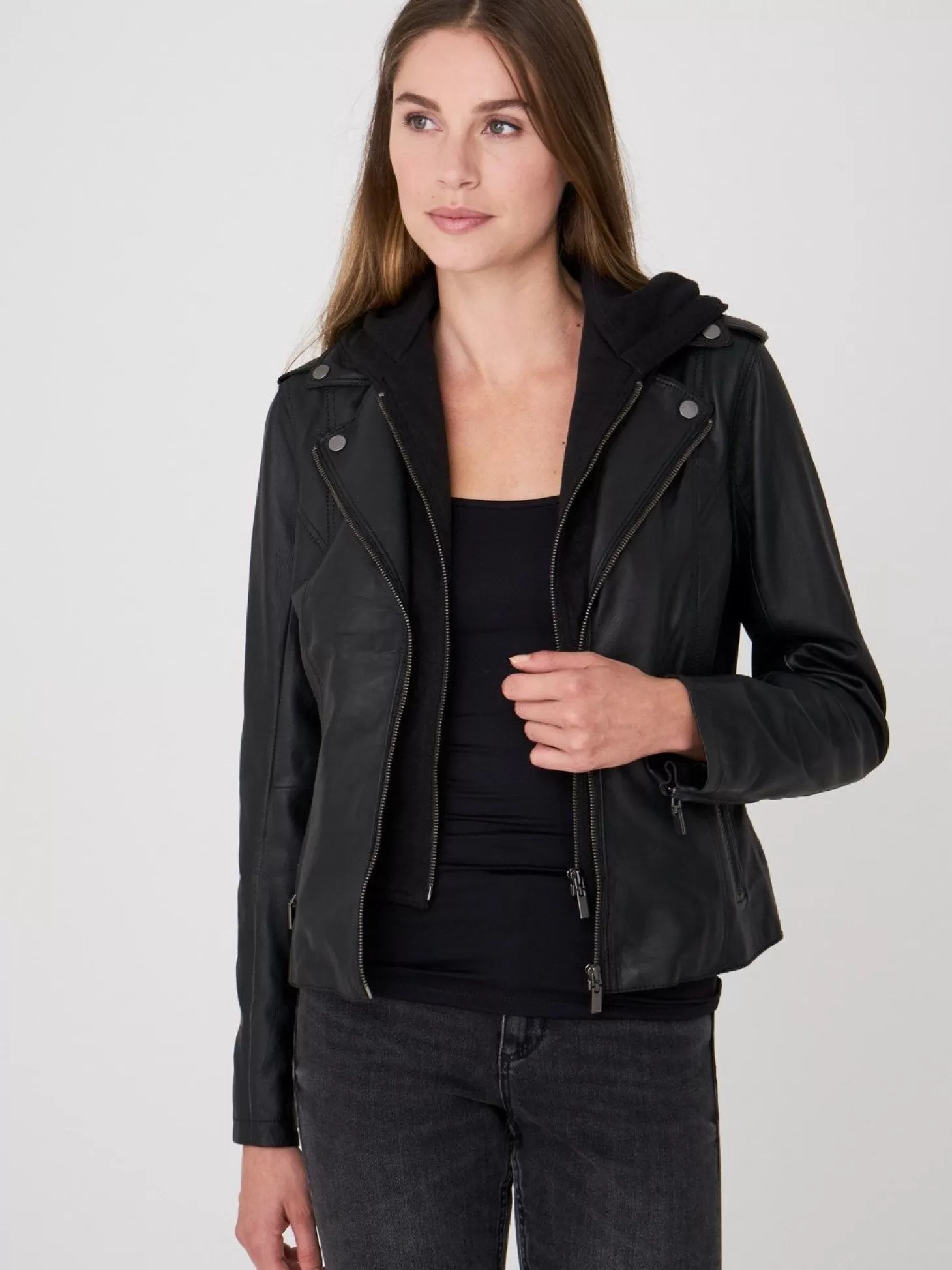 REPEAT cashmere Blouson Biker En Cuir A Capuchon Black Best Sale