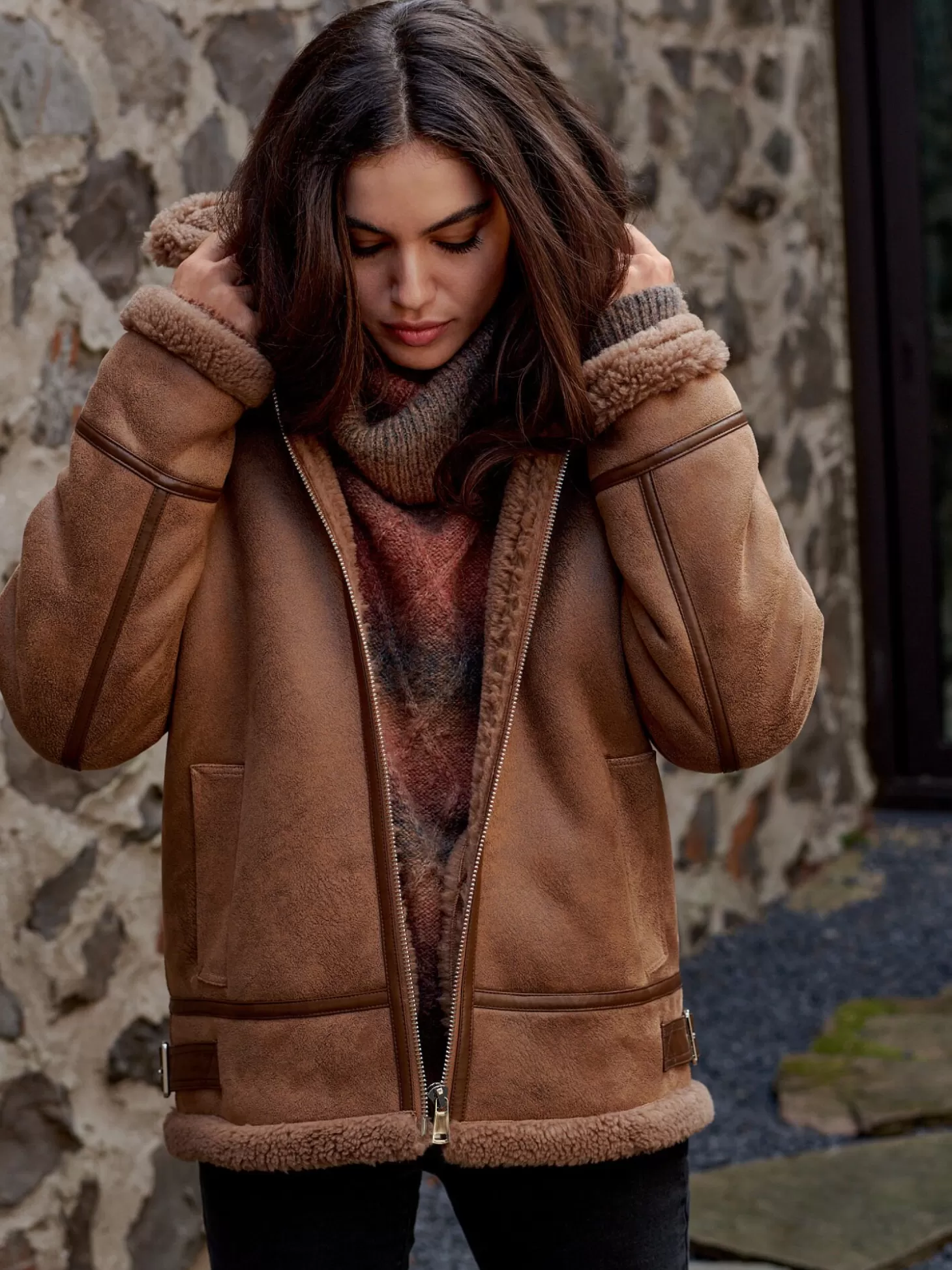 REPEAT cashmere Blouson Biker En Faux Shearling Camel Outlet