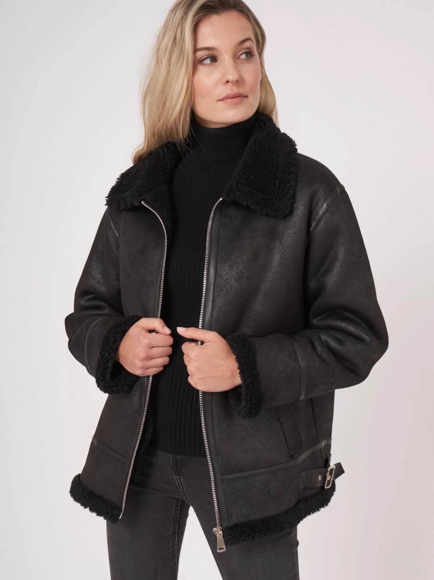 REPEAT cashmere Blouson Biker En Faux Shearling Black Flash Sale