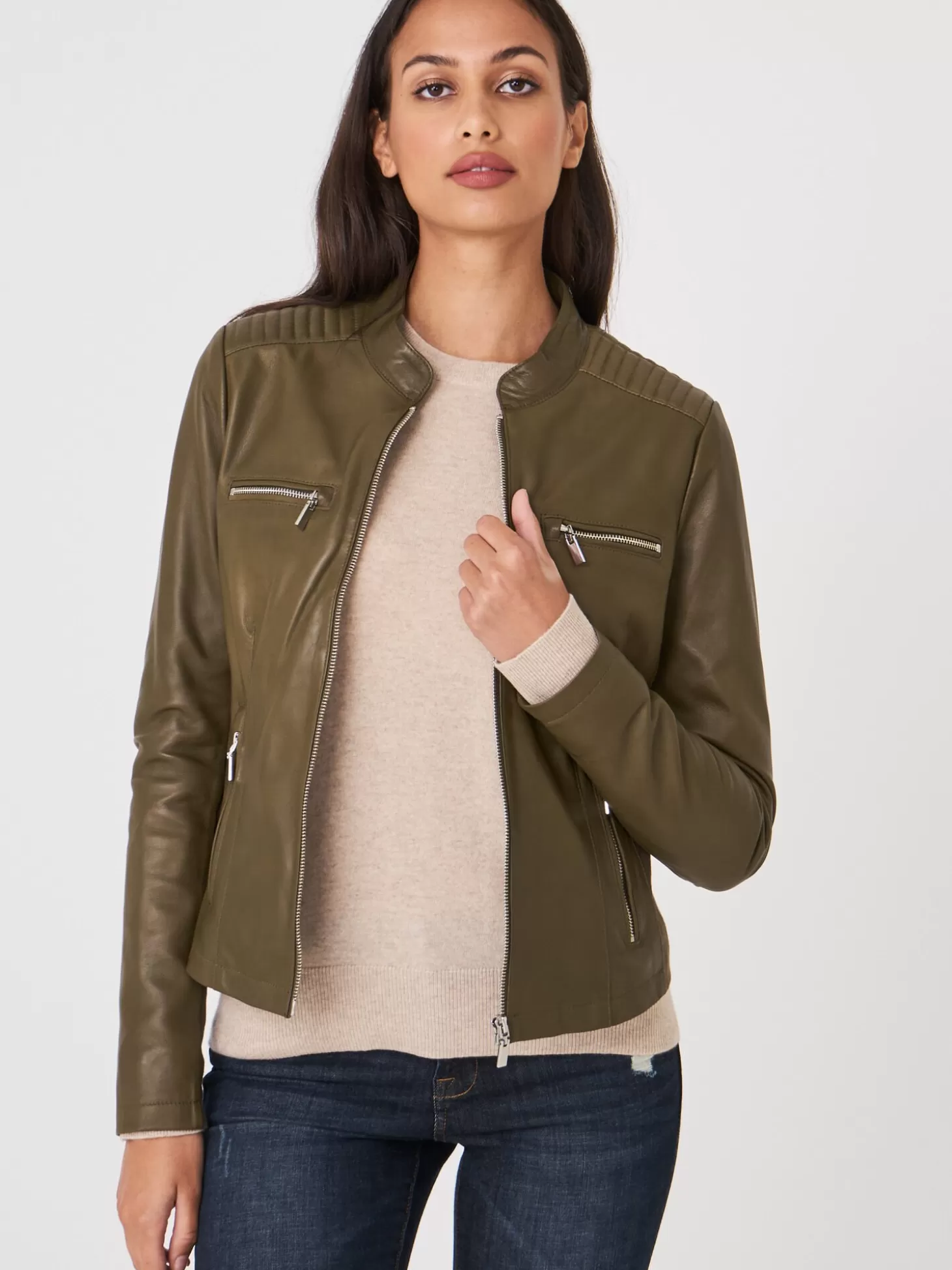 REPEAT cashmere Blouson Femme En Cuir Verde Hot