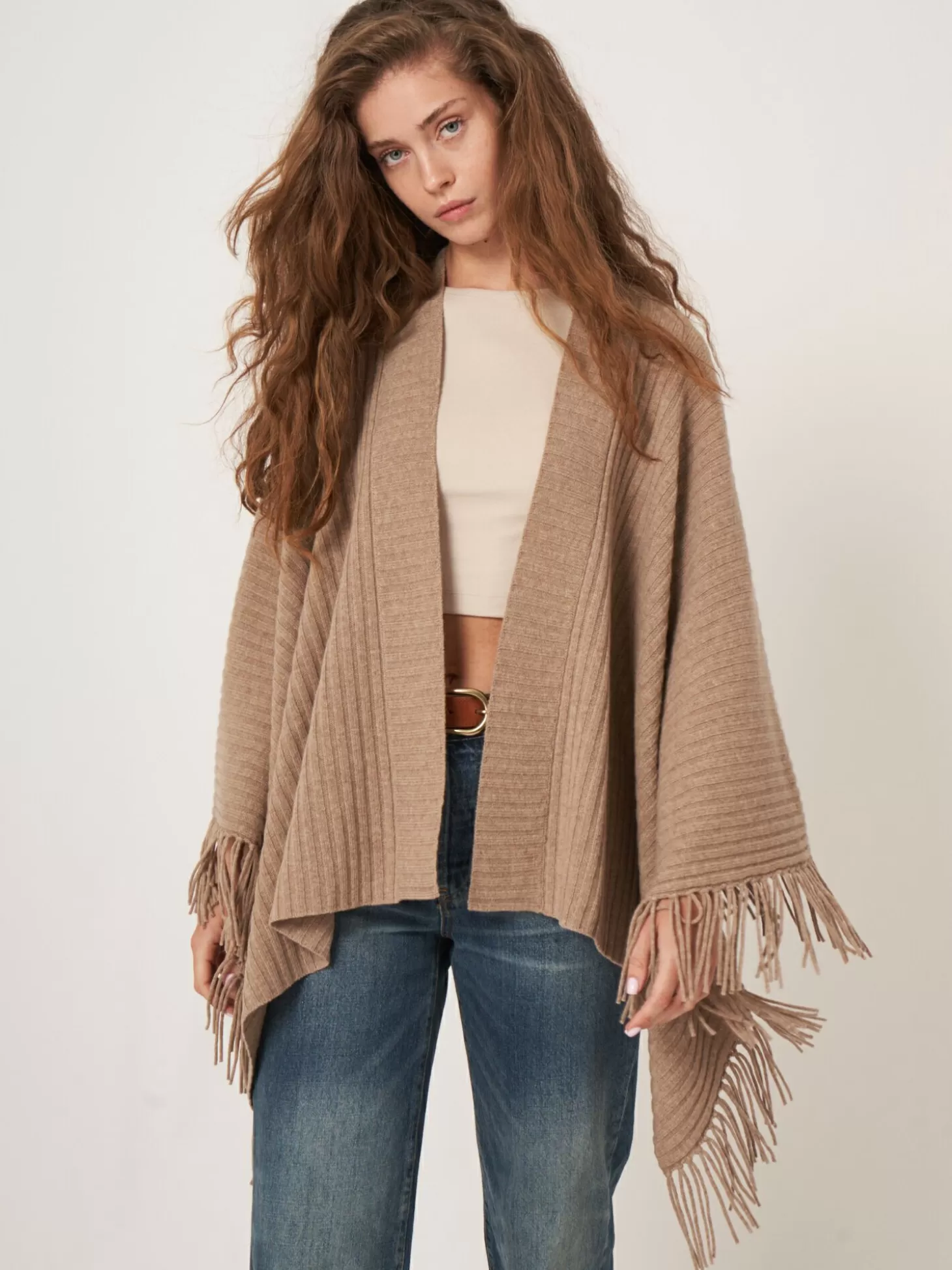 REPEAT cashmere Cape A Franges En Maille Cotelee Taupe Outlet