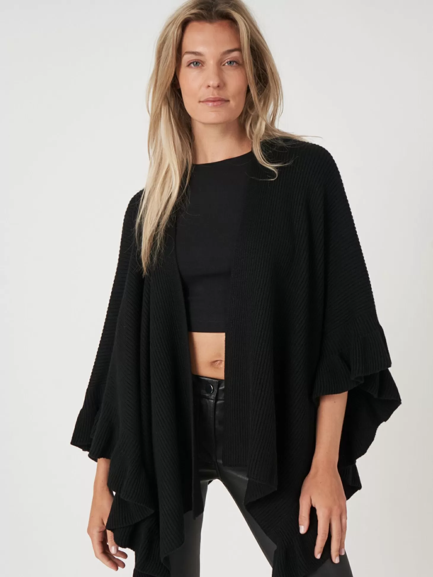 REPEAT cashmere Cape A Volants En Maille Cotelee Black Shop