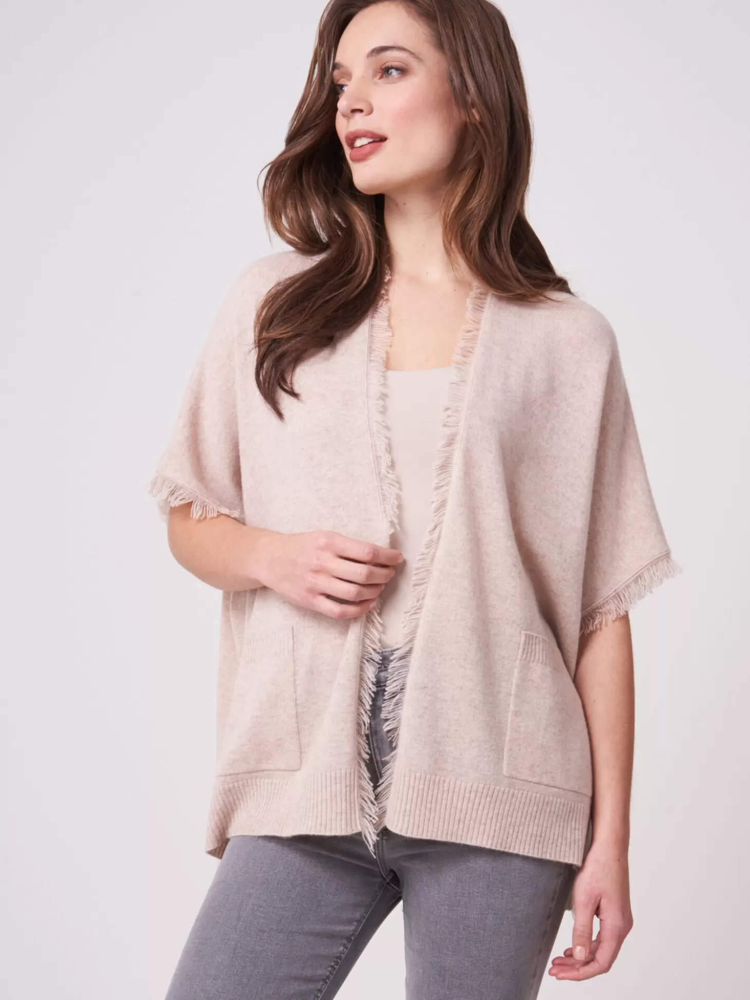 REPEAT cashmere Cape Poncho Frange En Cachemire Biologique Beige Clearance