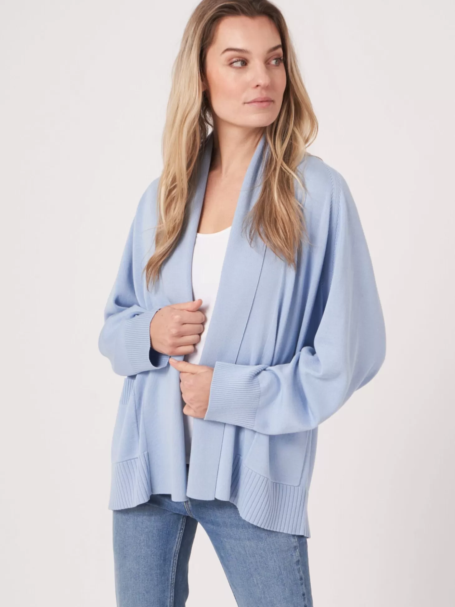 REPEAT cashmere Cardigan A Col Chale Et Poches En Coton Melange Lt Blue Shop