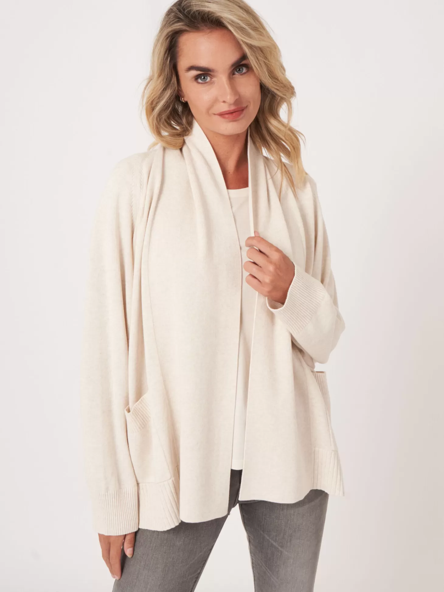 REPEAT cashmere Cardigan A Col Chale Et Poches En Coton Melange Ivory Discount