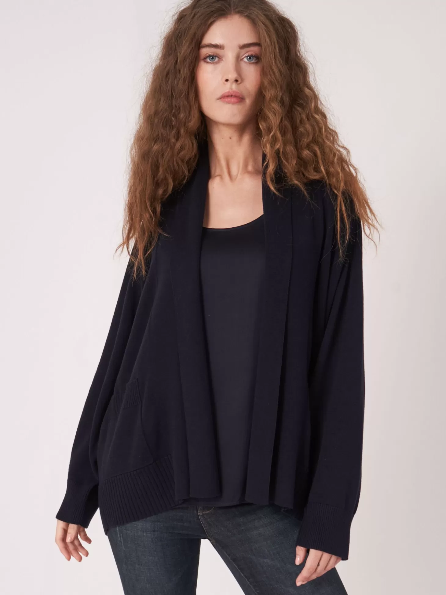 REPEAT cashmere Cardigan A Col Chale Et Poches En Coton Melange Navy Online