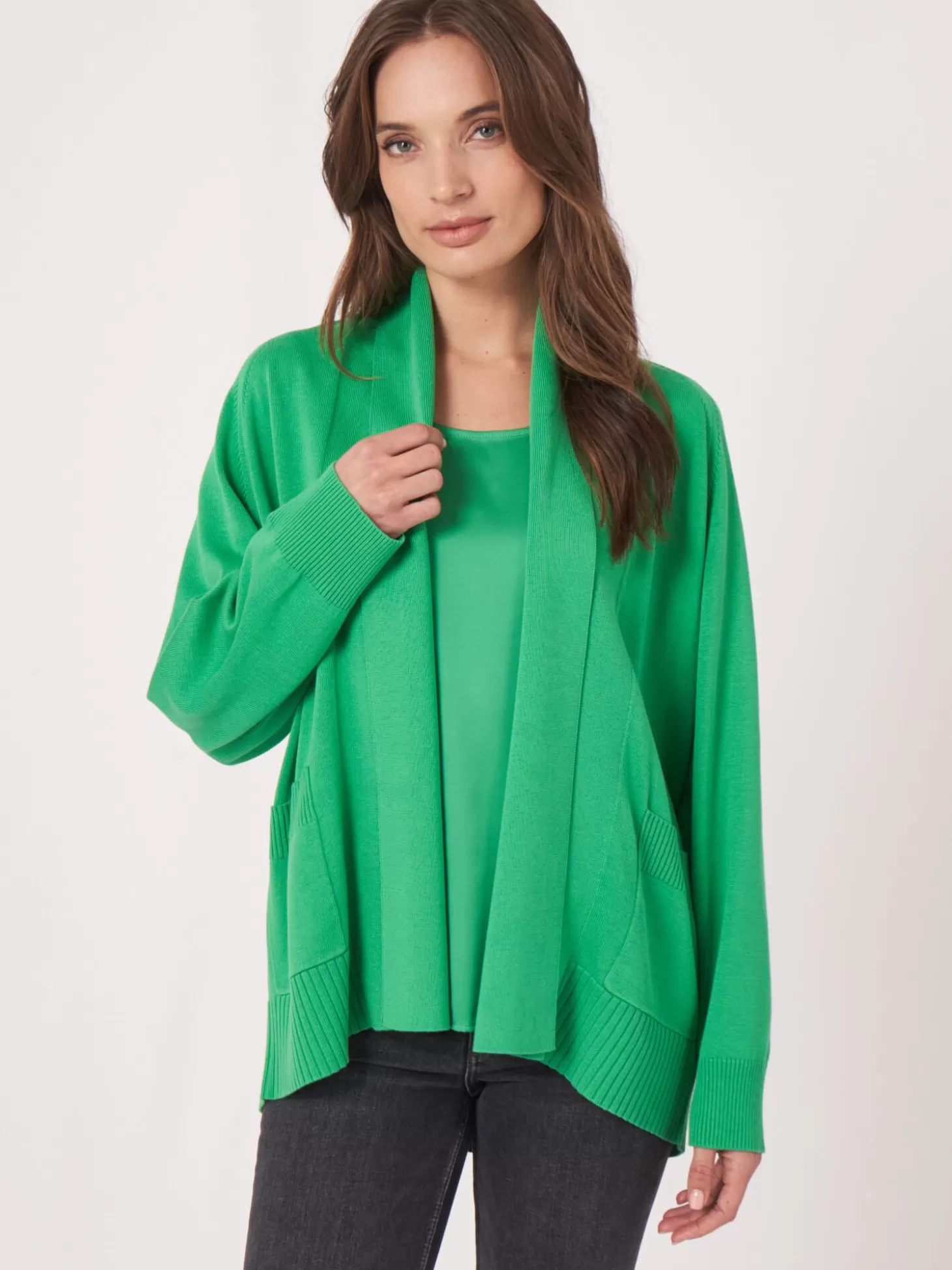 REPEAT cashmere Cardigan A Col Chale Et Poches En Coton Melange Green Sale