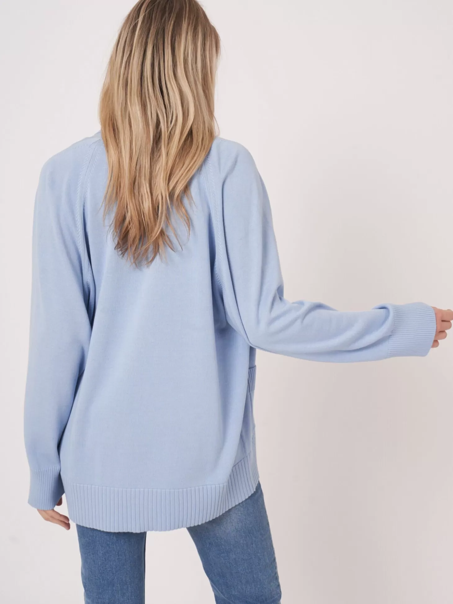 REPEAT cashmere Cardigan A Col Chale Et Poches En Coton Melange Lt Blue Shop