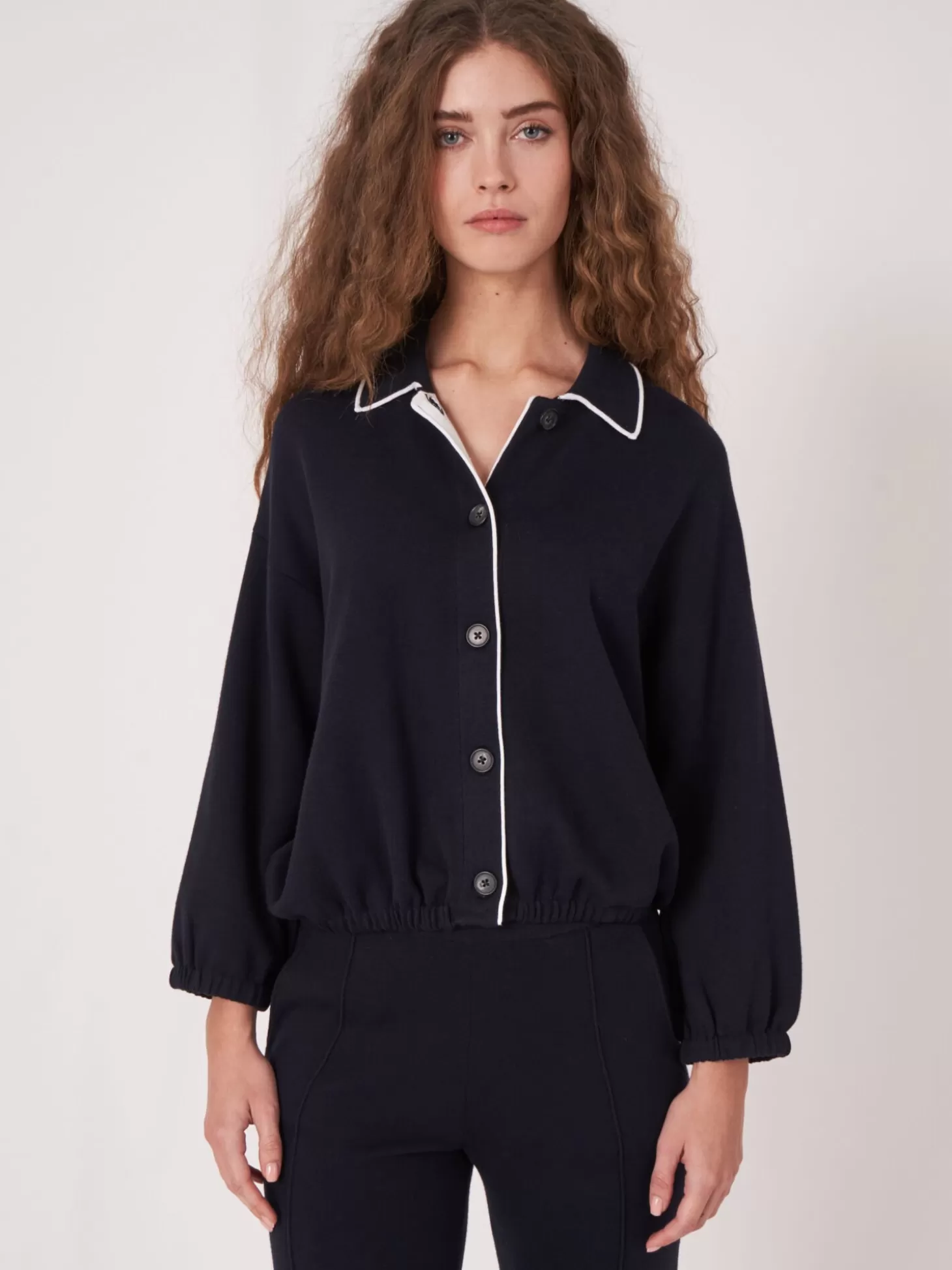 REPEAT cashmere Cardigan A Col Chemise Et Couture Contrastee Navy Sale