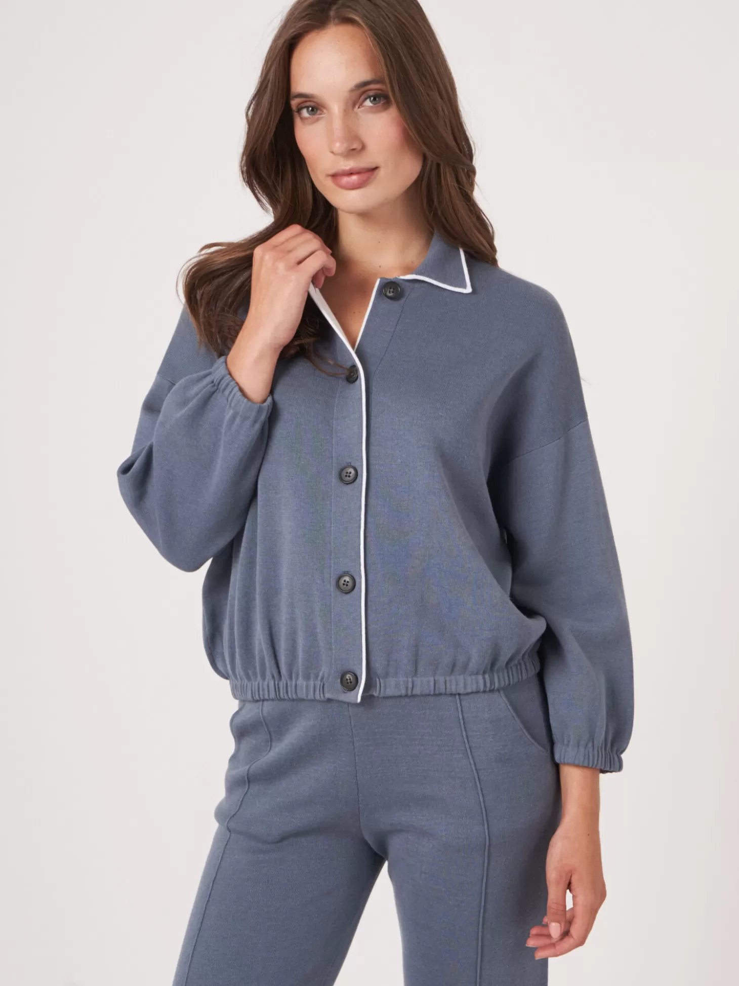 REPEAT cashmere Cardigan A Col Chemise Et Couture Contrastee Denim Discount