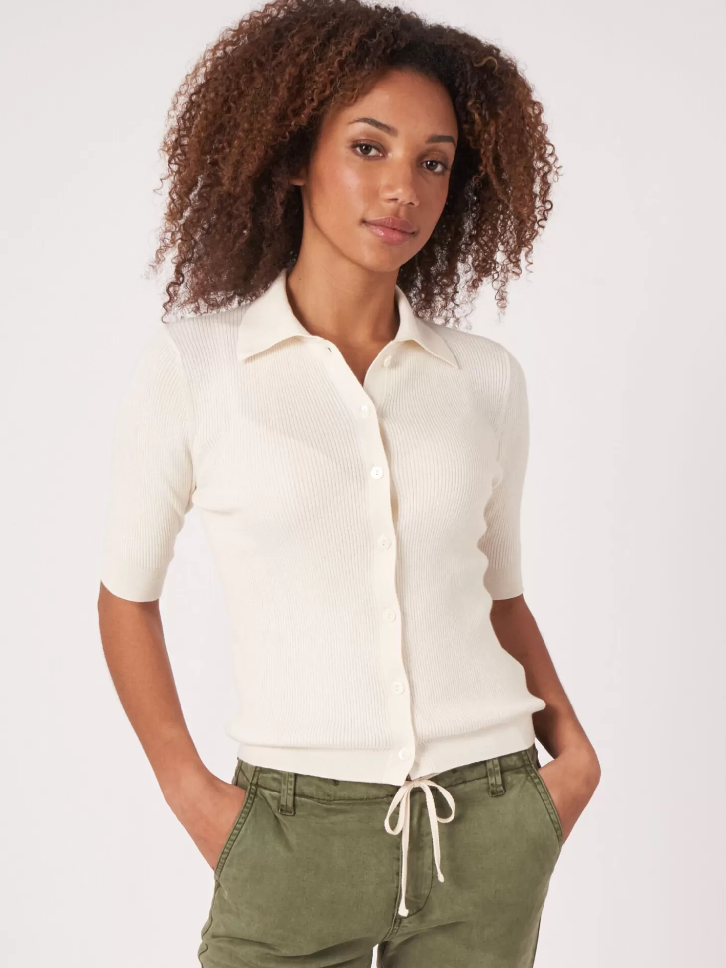 REPEAT cashmere Cardigan A Manches Courtes Et Col Polo En Maille Cotele Super Fine Cream Cheap