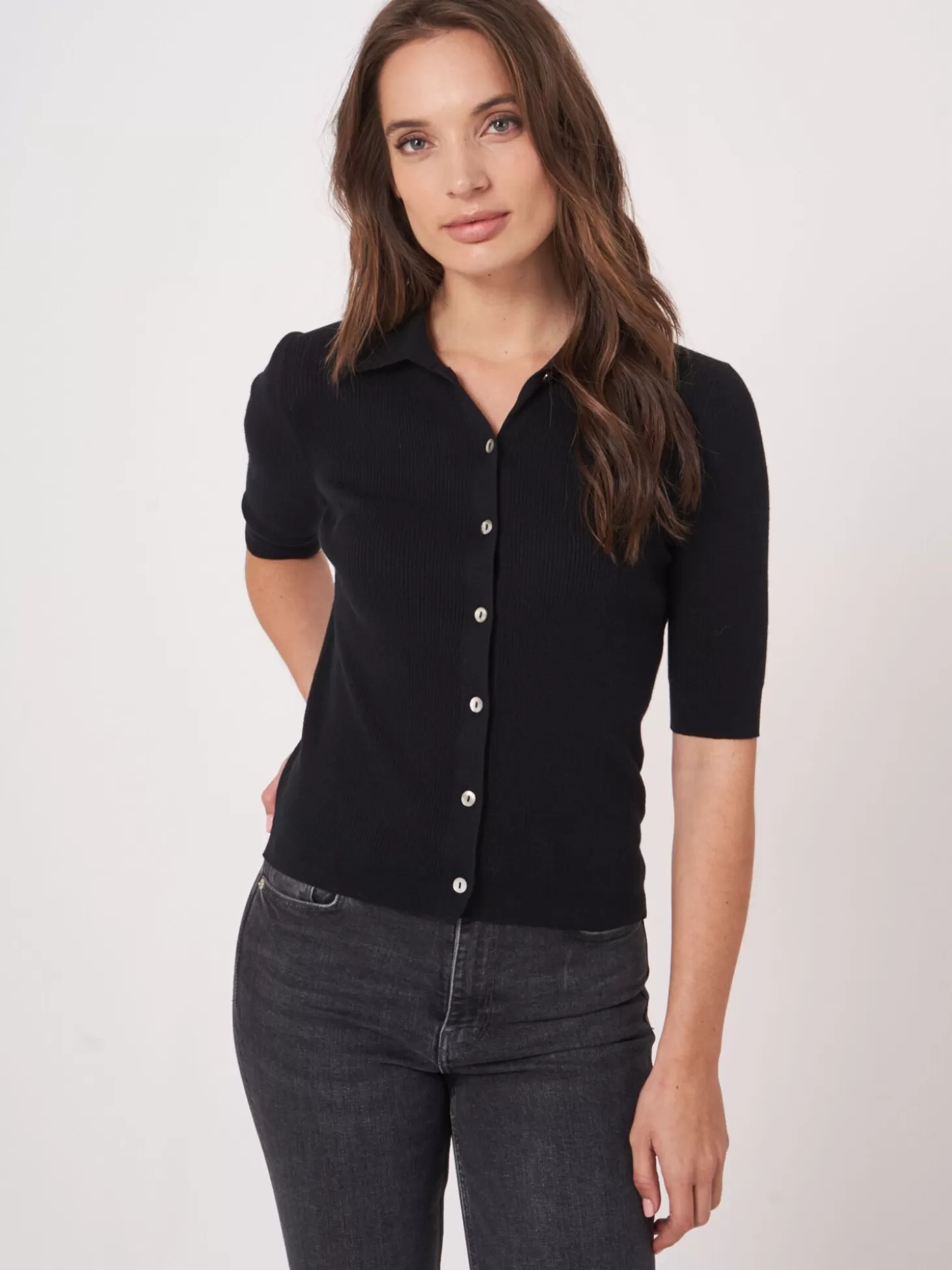 REPEAT cashmere Cardigan A Manches Courtes Et Col Polo En Maille Cotele Super Fine Black Hot