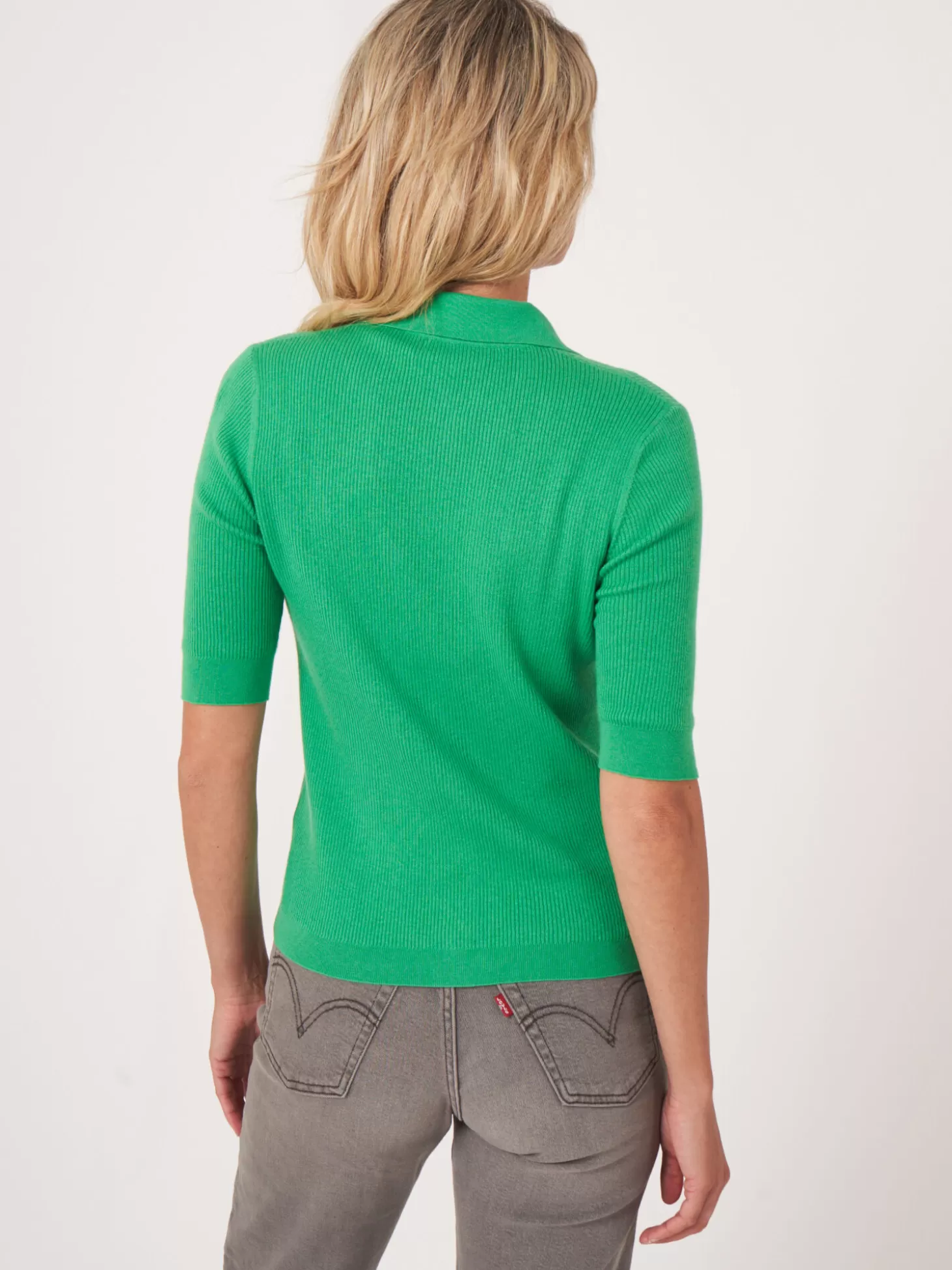 REPEAT cashmere Cardigan A Manches Courtes Et Col Polo En Maille Cotele Super Fine Basil Store