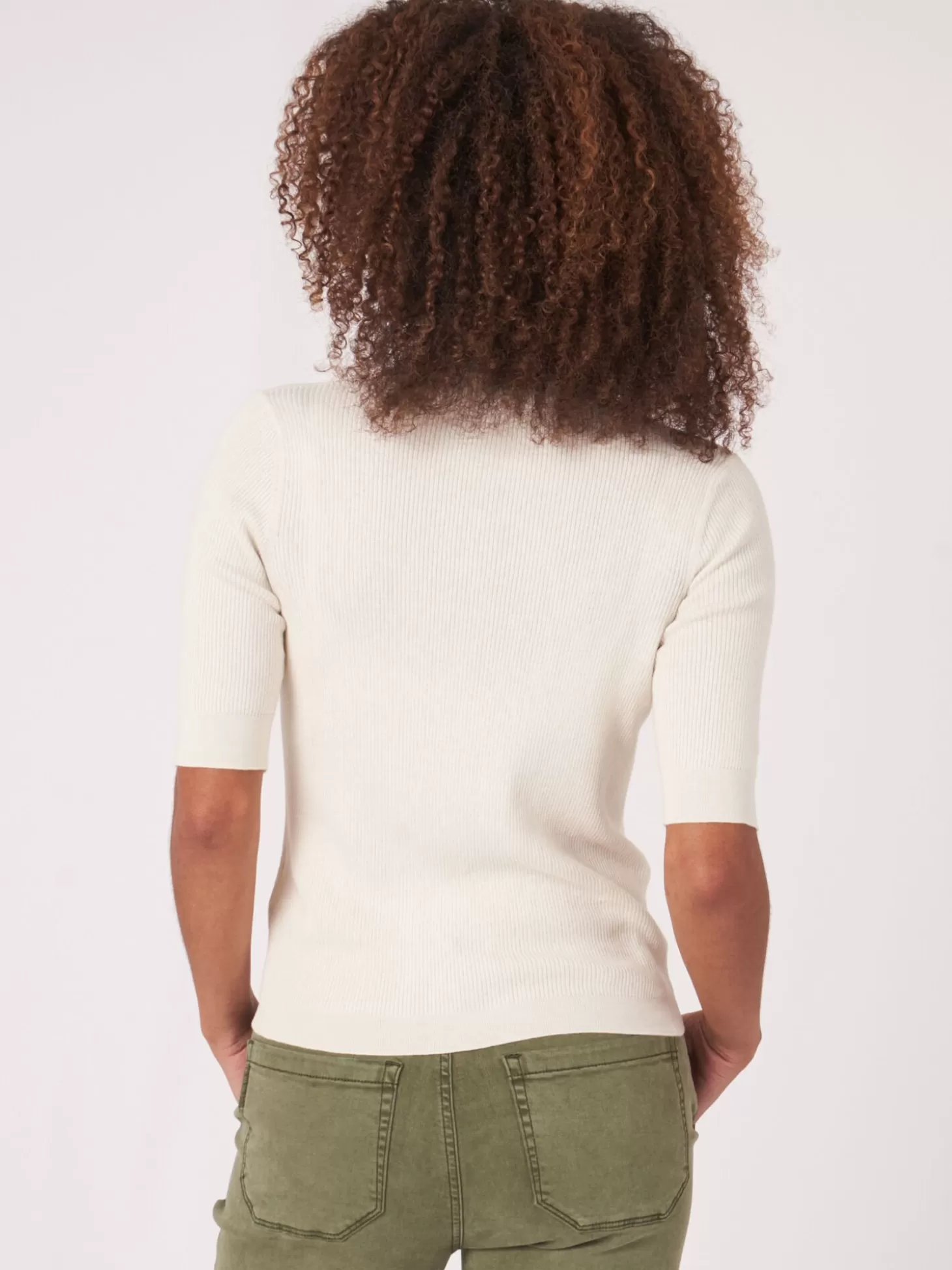 REPEAT cashmere Cardigan A Manches Courtes Et Col Polo En Maille Cotele Super Fine Cream Cheap