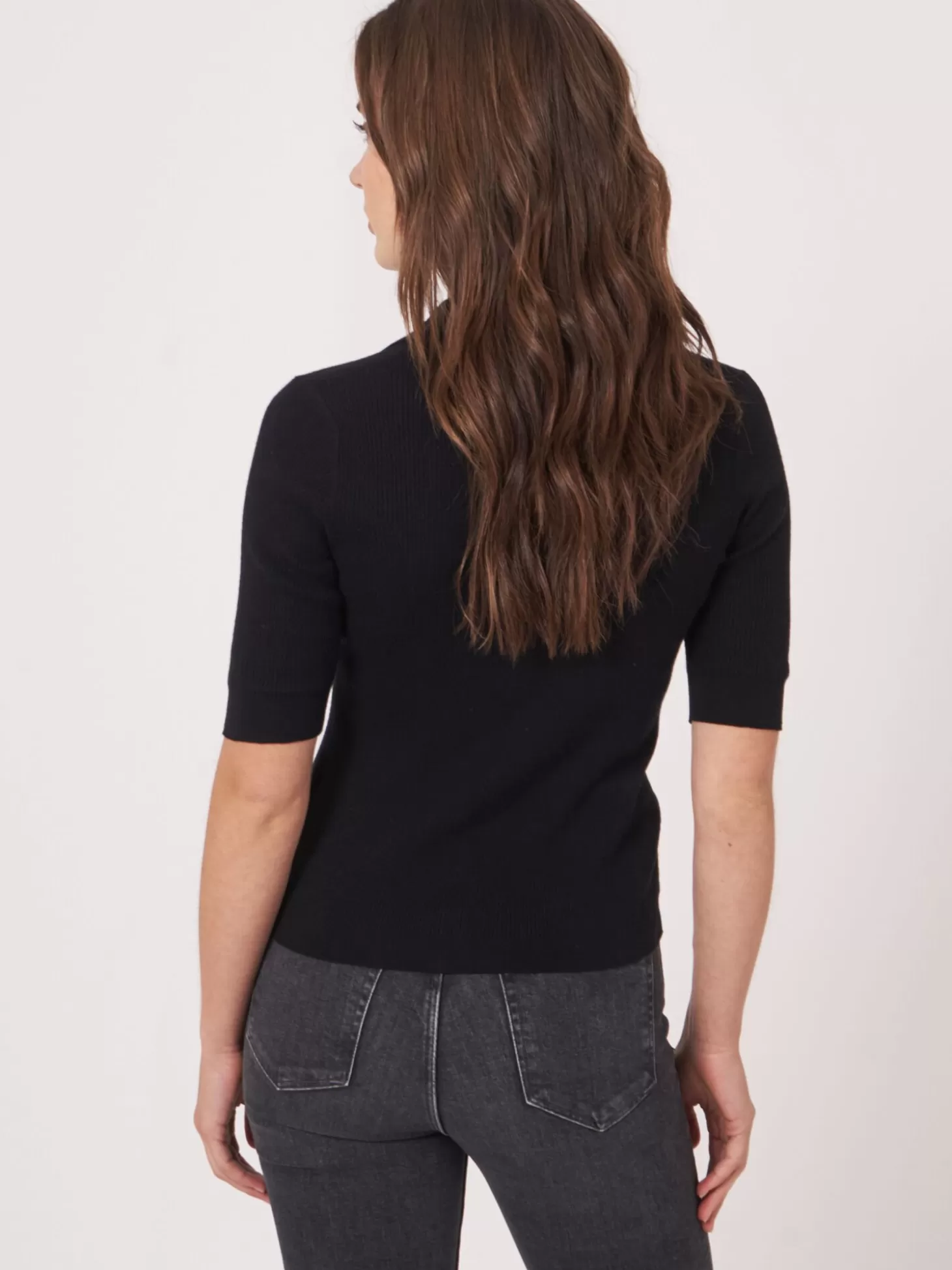 REPEAT cashmere Cardigan A Manches Courtes Et Col Polo En Maille Cotele Super Fine Black Hot