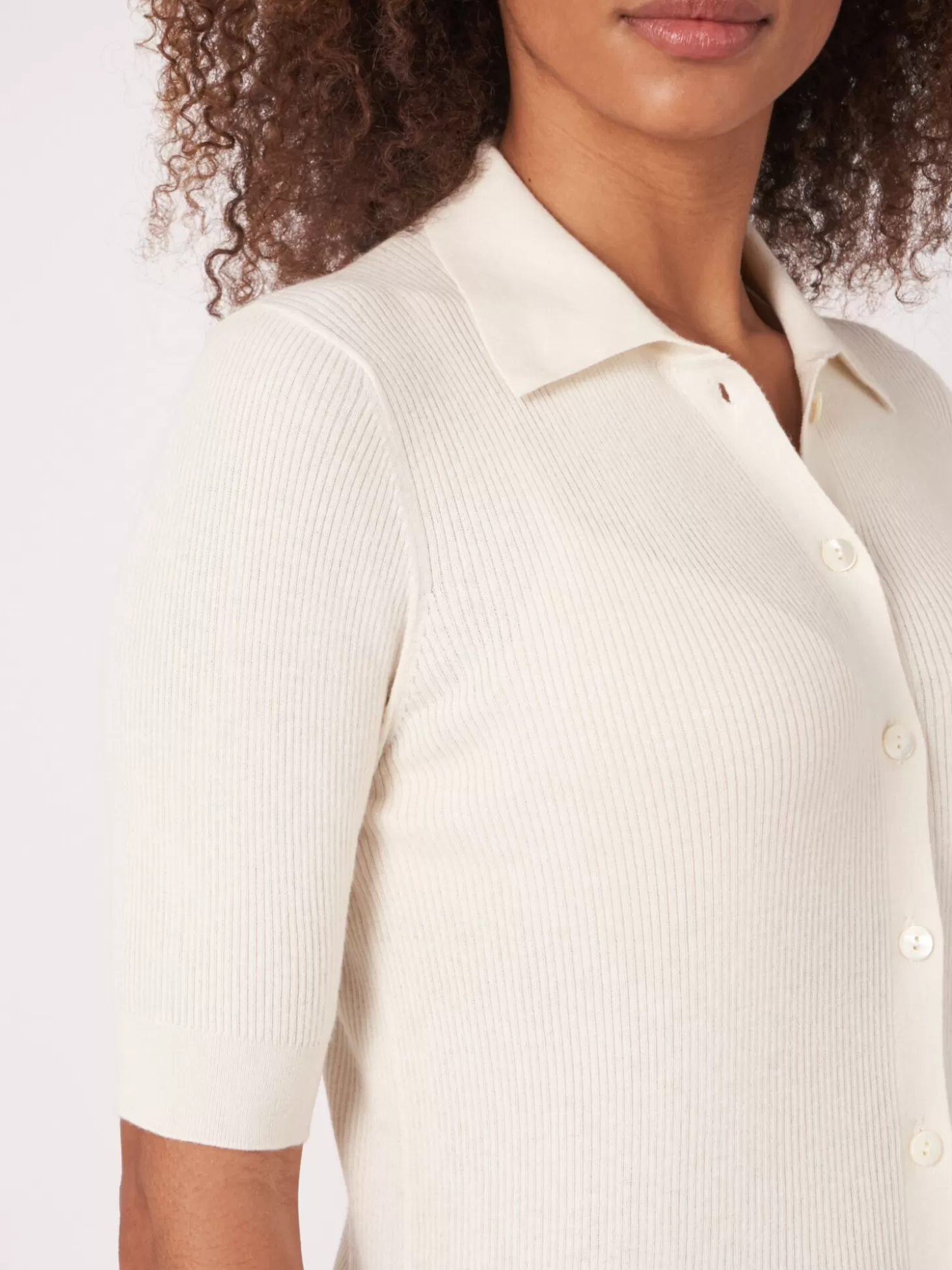 REPEAT cashmere Cardigan A Manches Courtes Et Col Polo En Maille Cotele Super Fine Cream Cheap