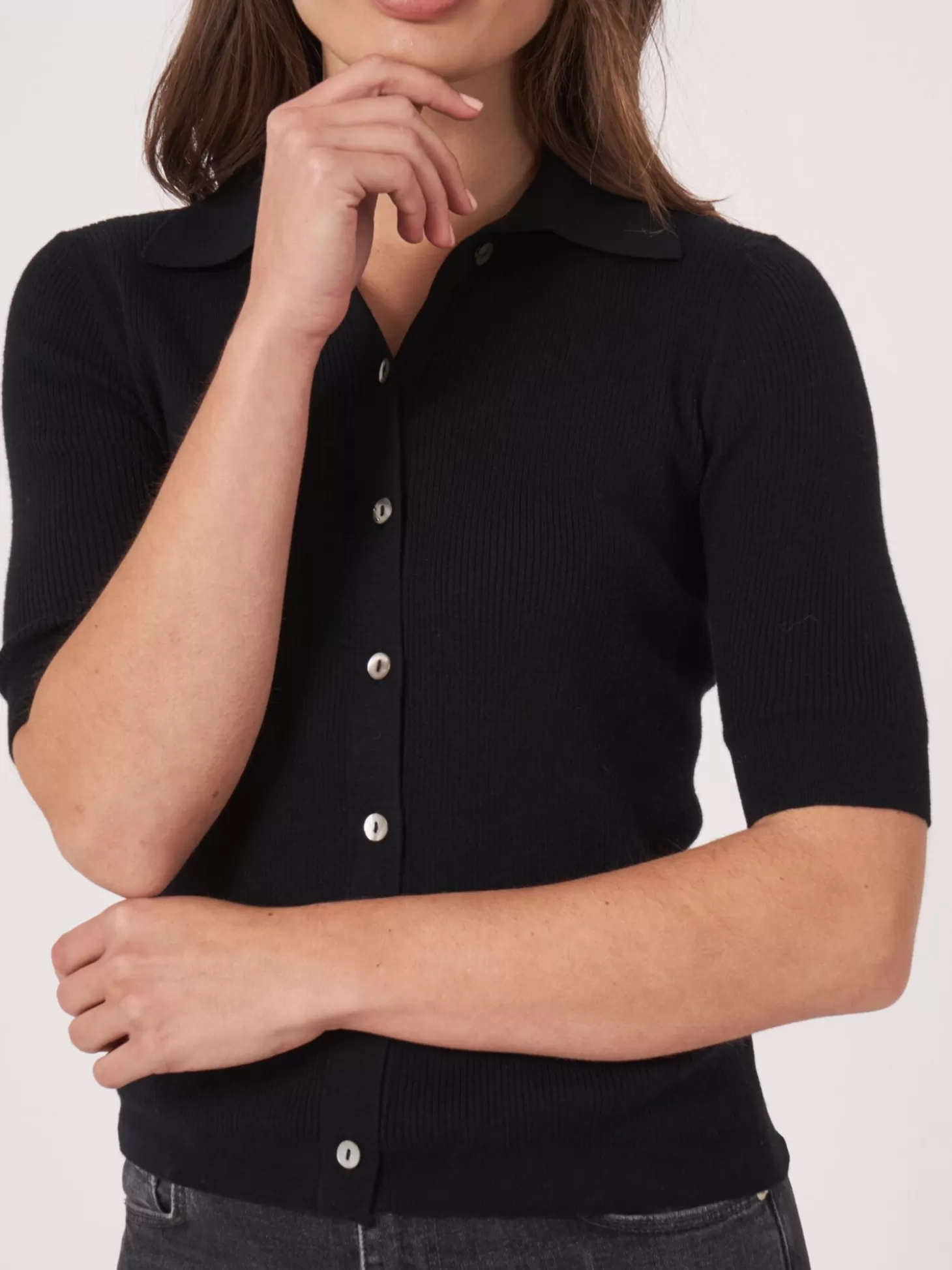 REPEAT cashmere Cardigan A Manches Courtes Et Col Polo En Maille Cotele Super Fine Black Hot