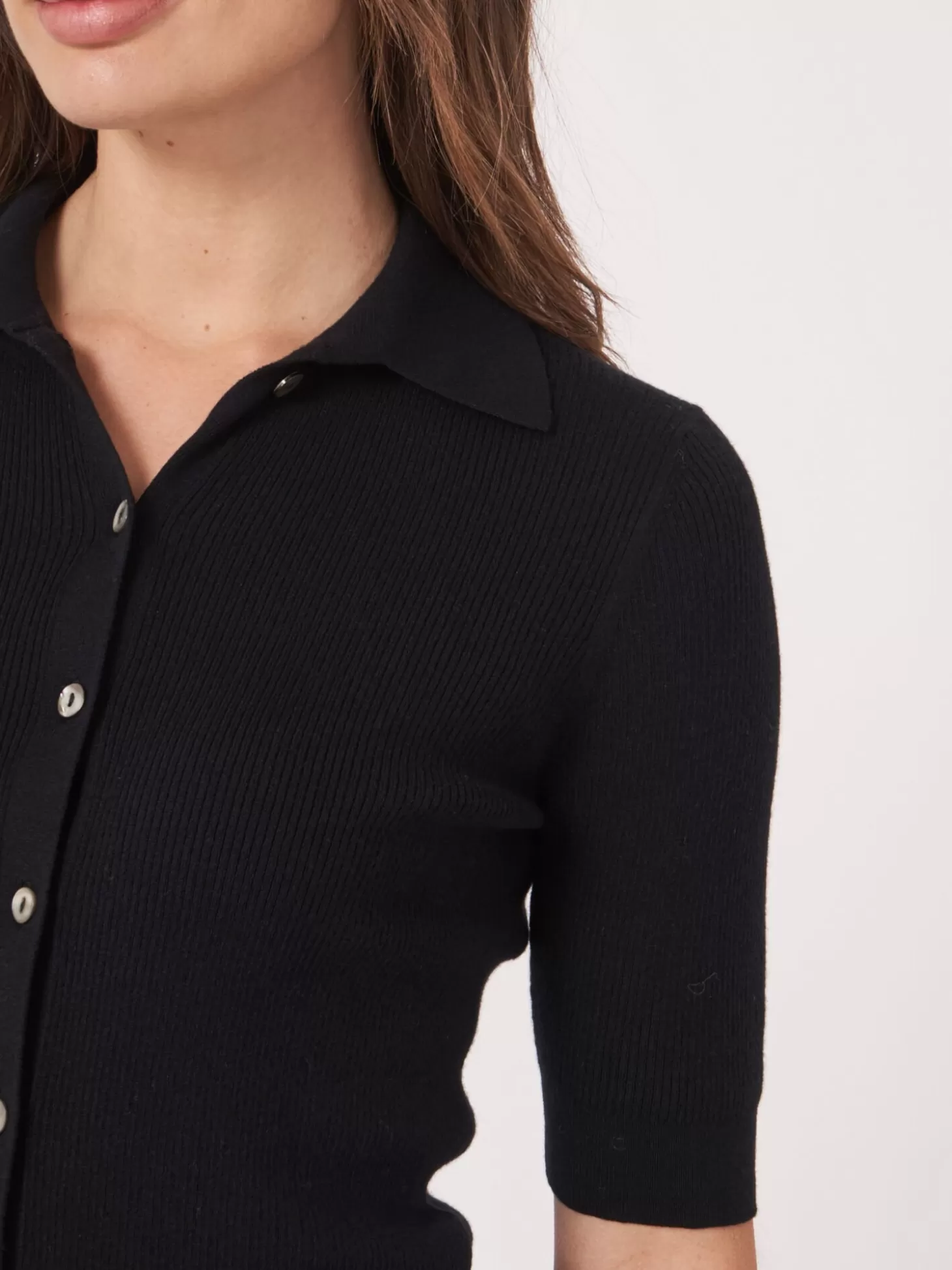 REPEAT cashmere Cardigan A Manches Courtes Et Col Polo En Maille Cotele Super Fine Black Hot