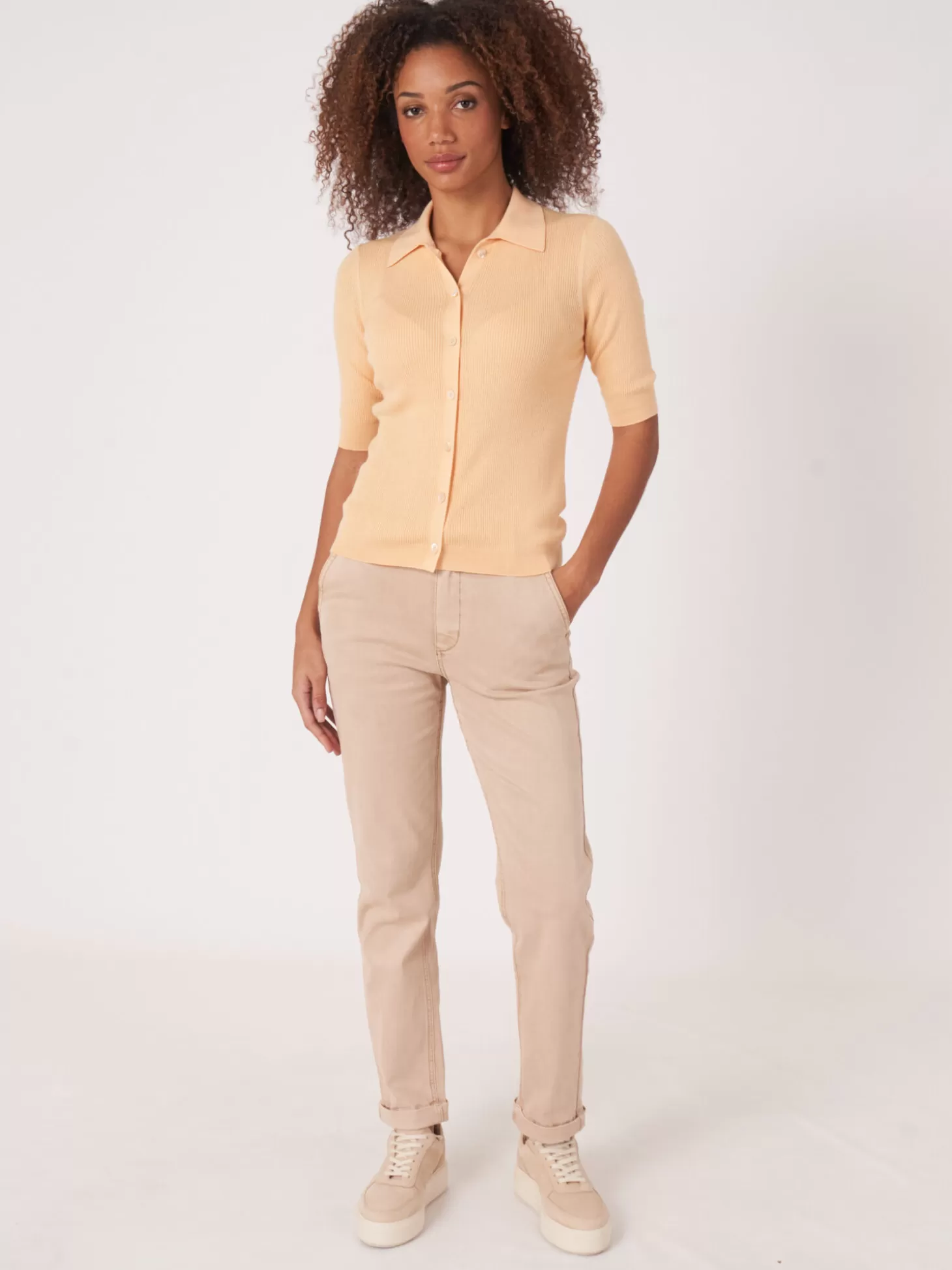 REPEAT cashmere Cardigan A Manches Courtes Et Col Polo En Maille Cotele Super Fine Glow Sale