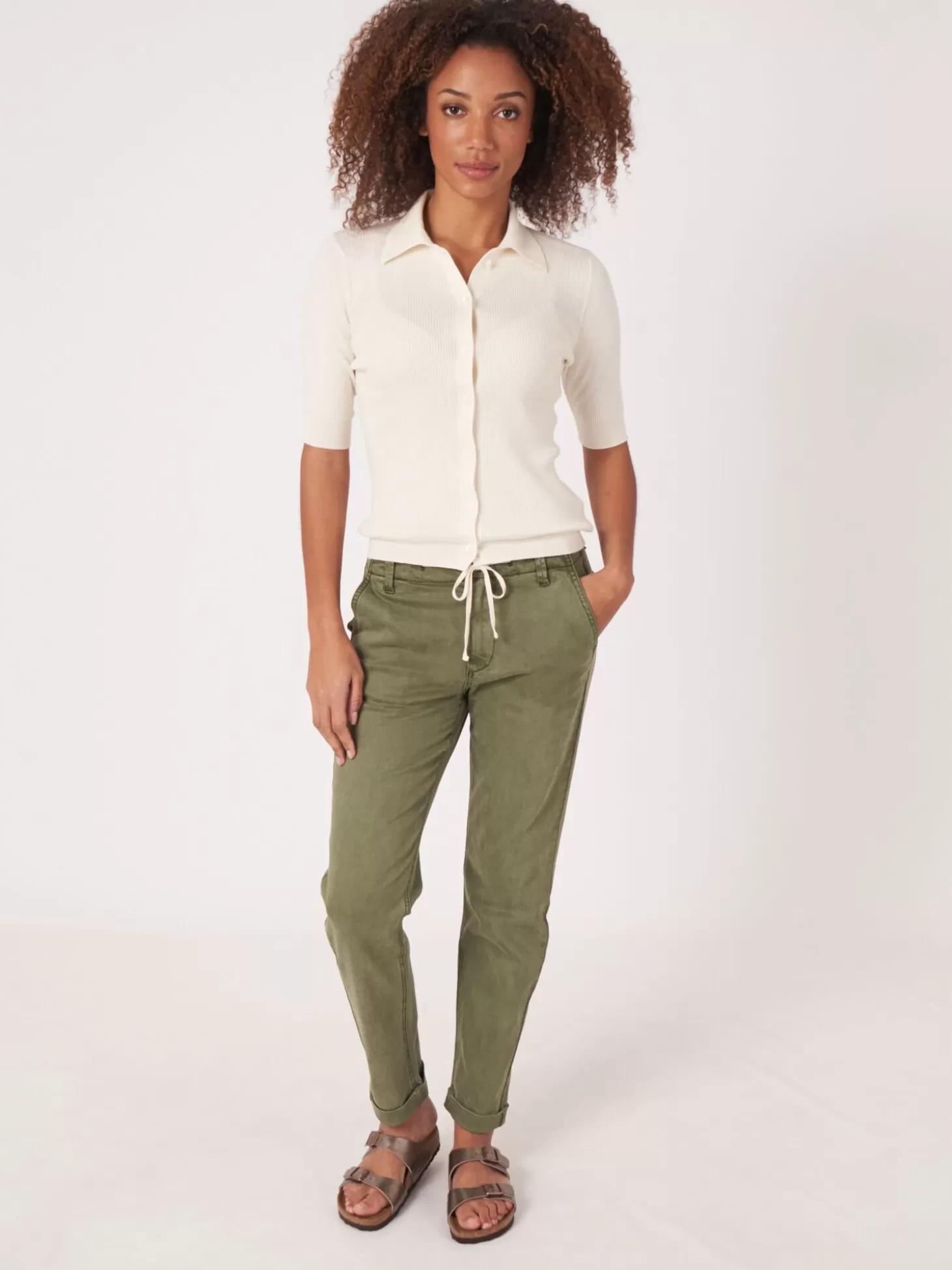 REPEAT cashmere Cardigan A Manches Courtes Et Col Polo En Maille Cotele Super Fine Cream Cheap
