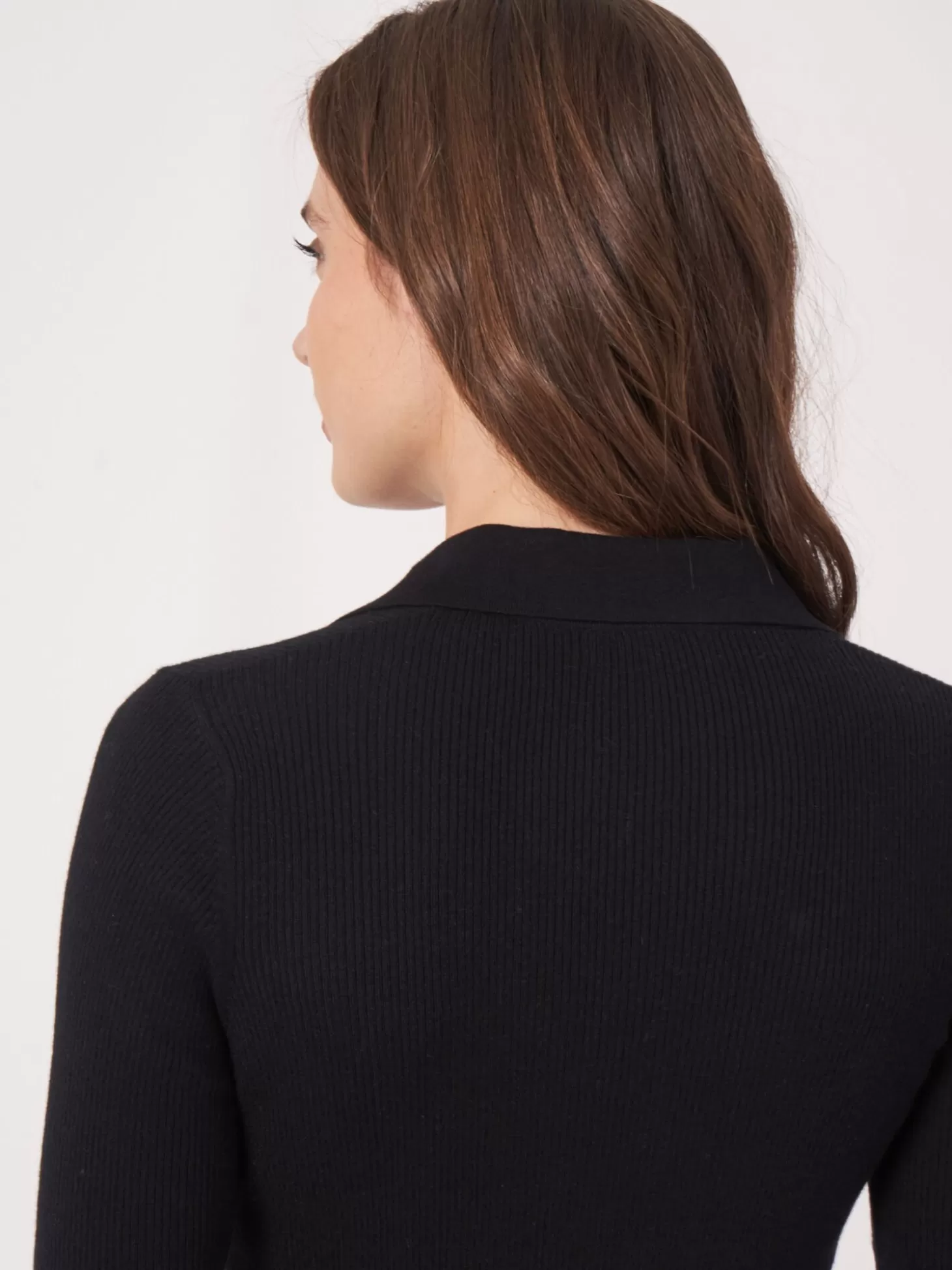 REPEAT cashmere Cardigan A Manches Courtes Et Col Polo En Maille Cotele Super Fine Black Hot