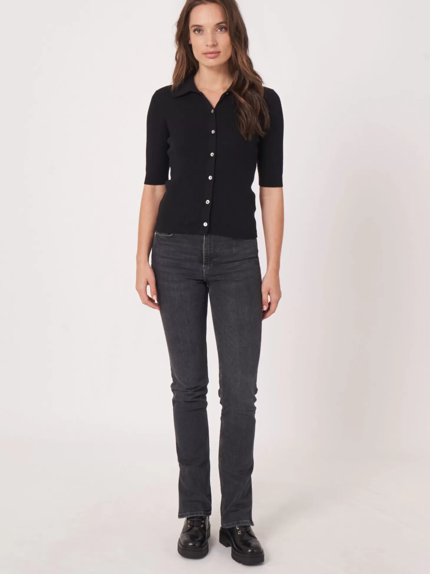 REPEAT cashmere Cardigan A Manches Courtes Et Col Polo En Maille Cotele Super Fine Black Hot