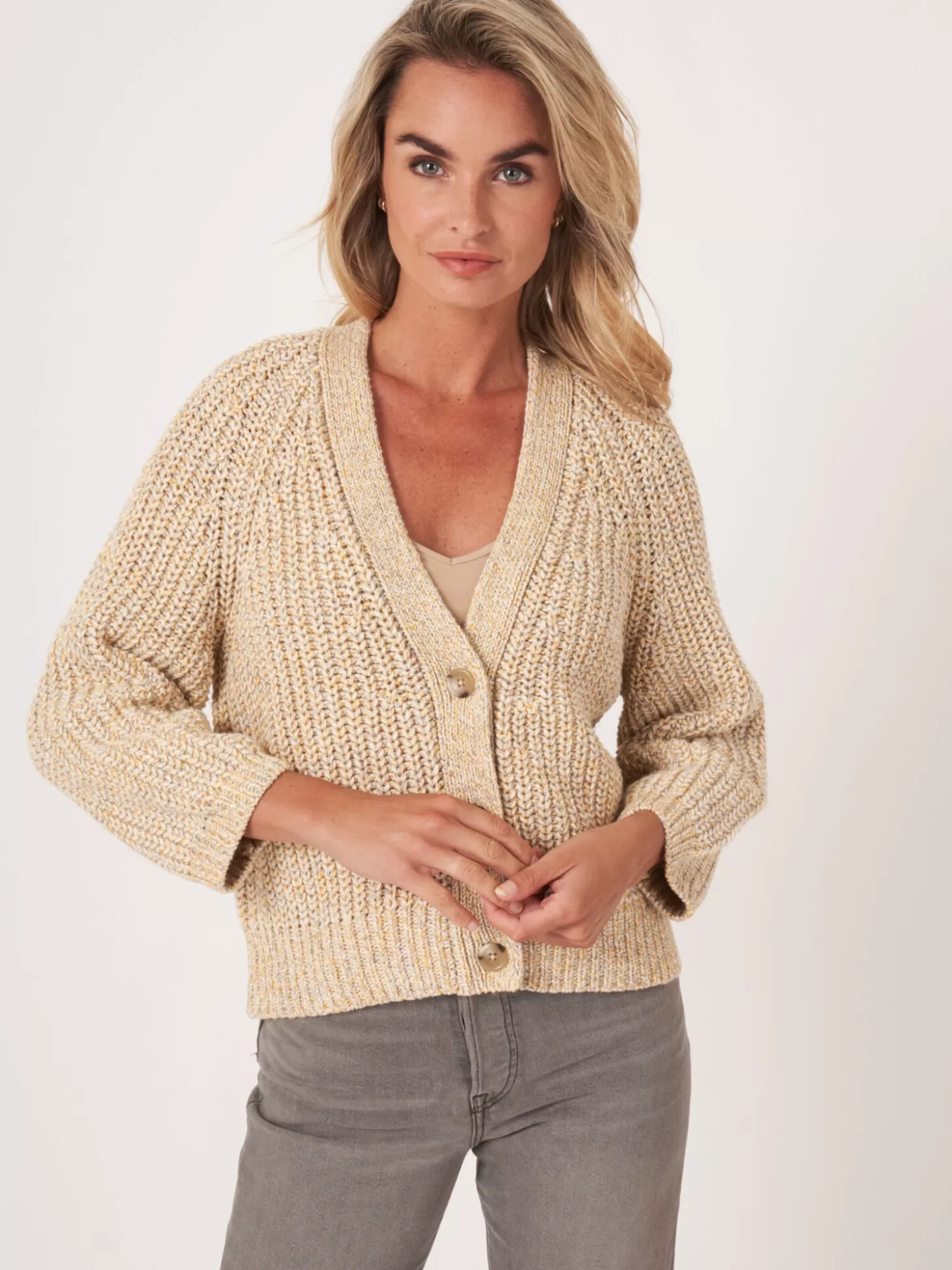 REPEAT cashmere Cardigan Bicolore Cotele En Coton Melange Italien Yellow Shop
