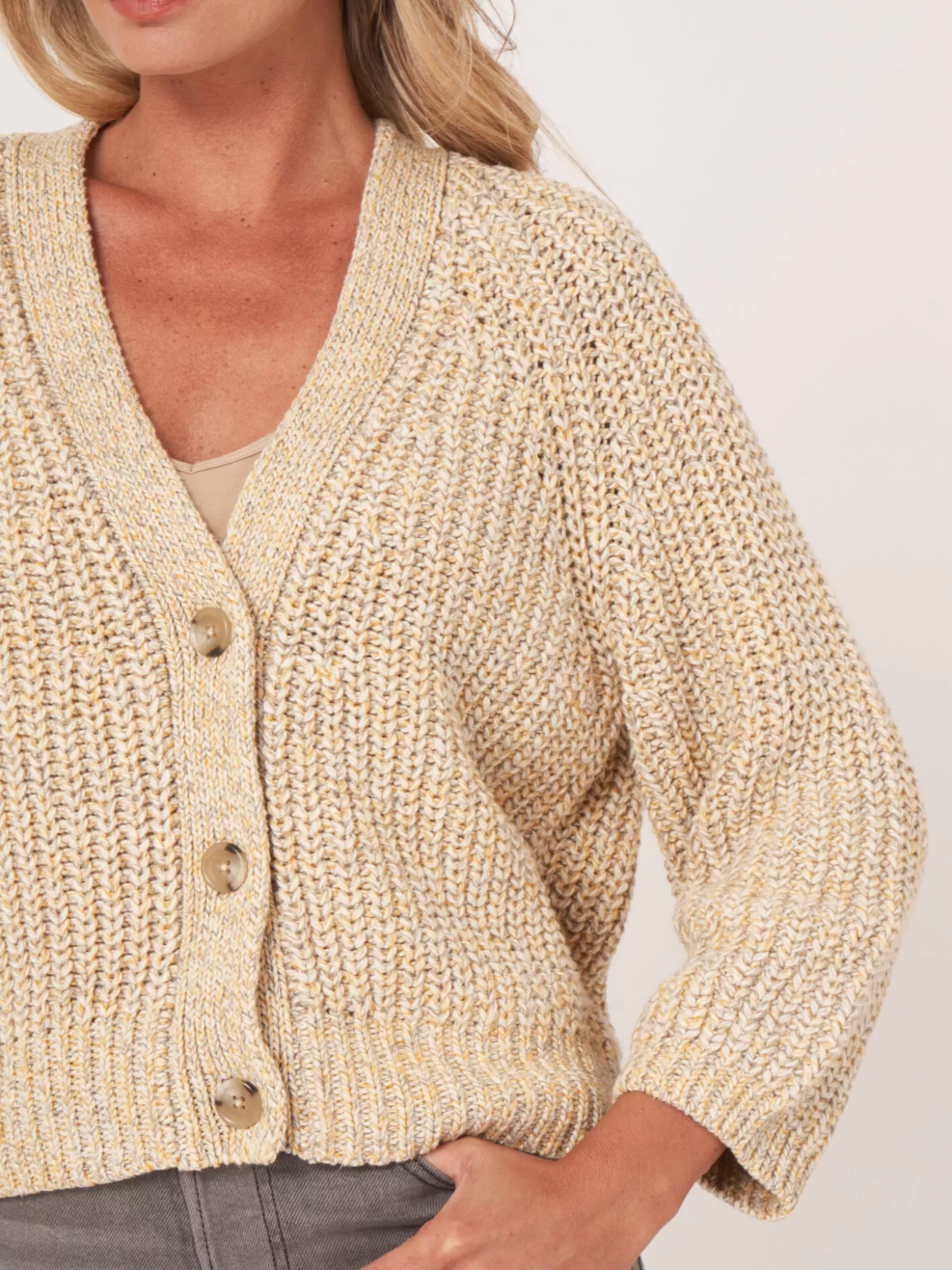 REPEAT cashmere Cardigan Bicolore Cotele En Coton Melange Italien Yellow Shop