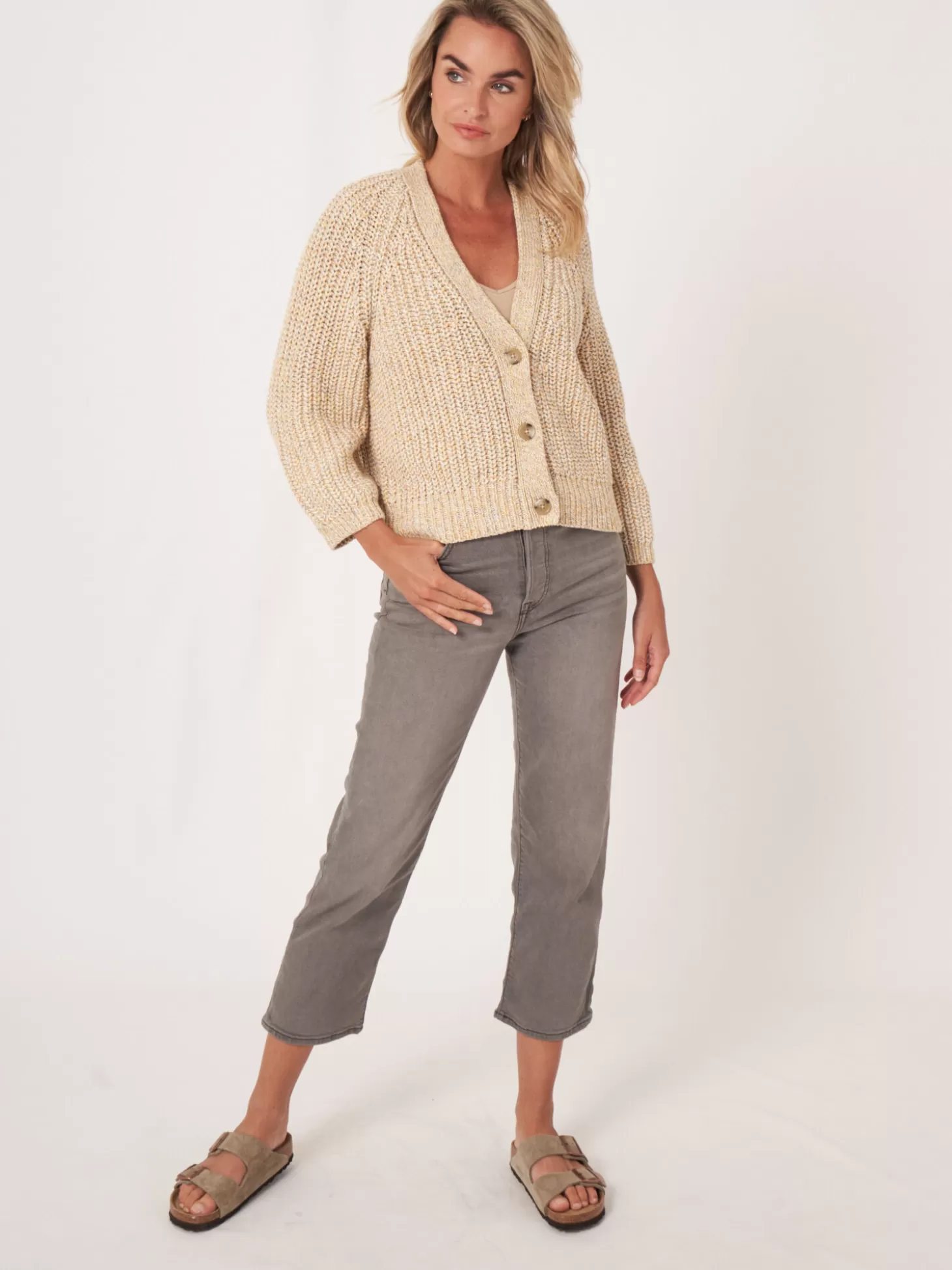 REPEAT cashmere Cardigan Bicolore Cotele En Coton Melange Italien Yellow Shop