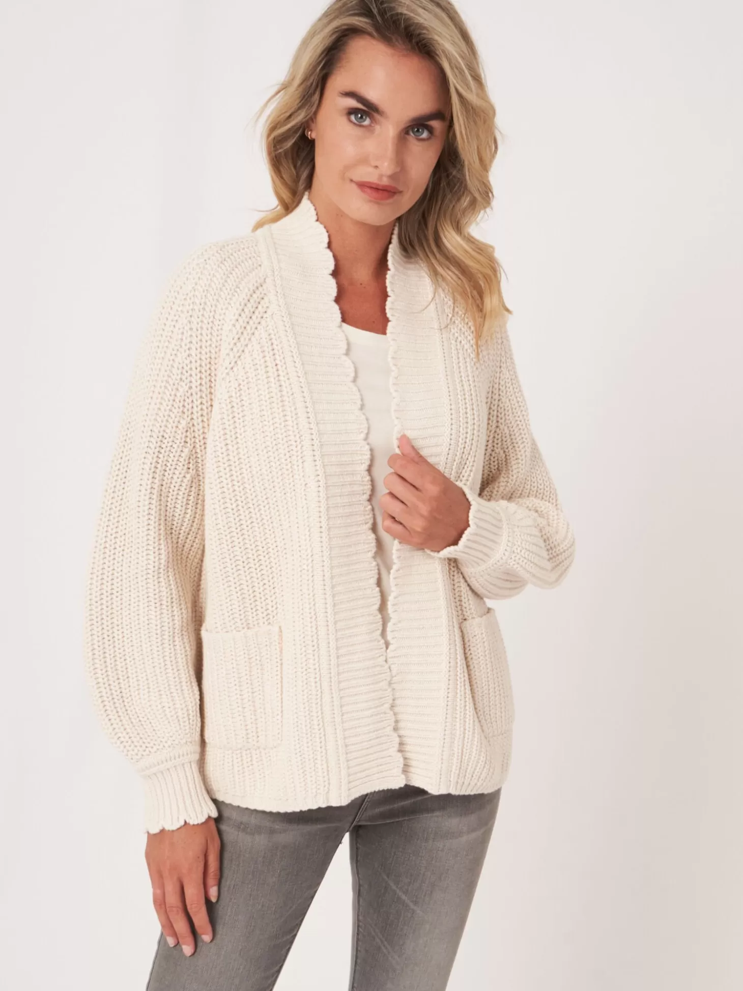 REPEAT cashmere Cardigan Cotele A Ourlet Festonne Ivory Hot