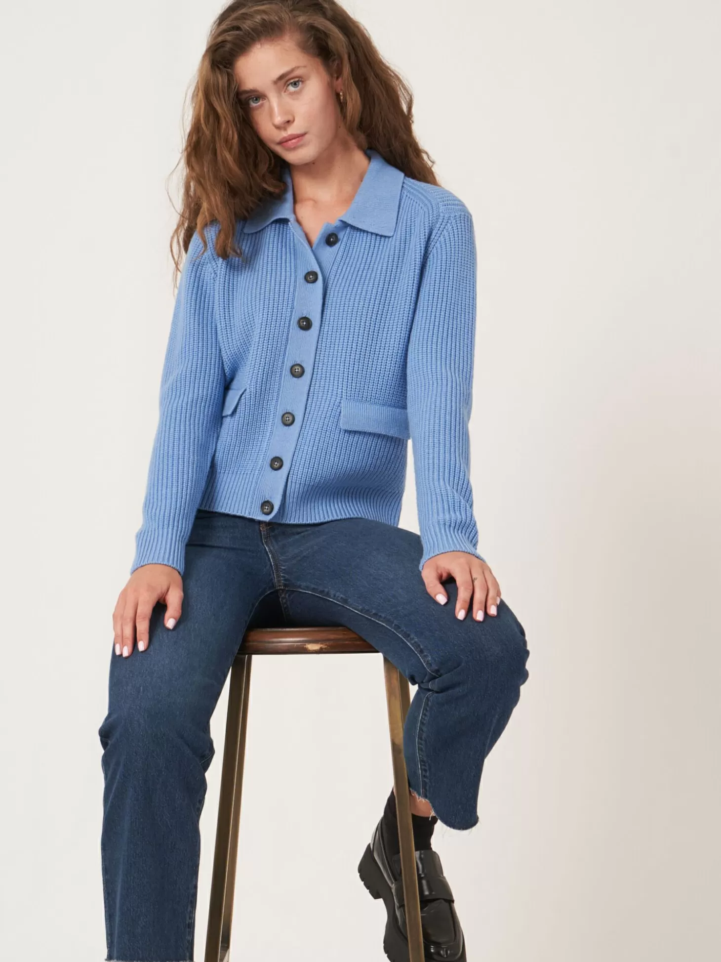 REPEAT cashmere Cardigan Cotele En Laine Merinos Avec Col Polo Sky Outlet