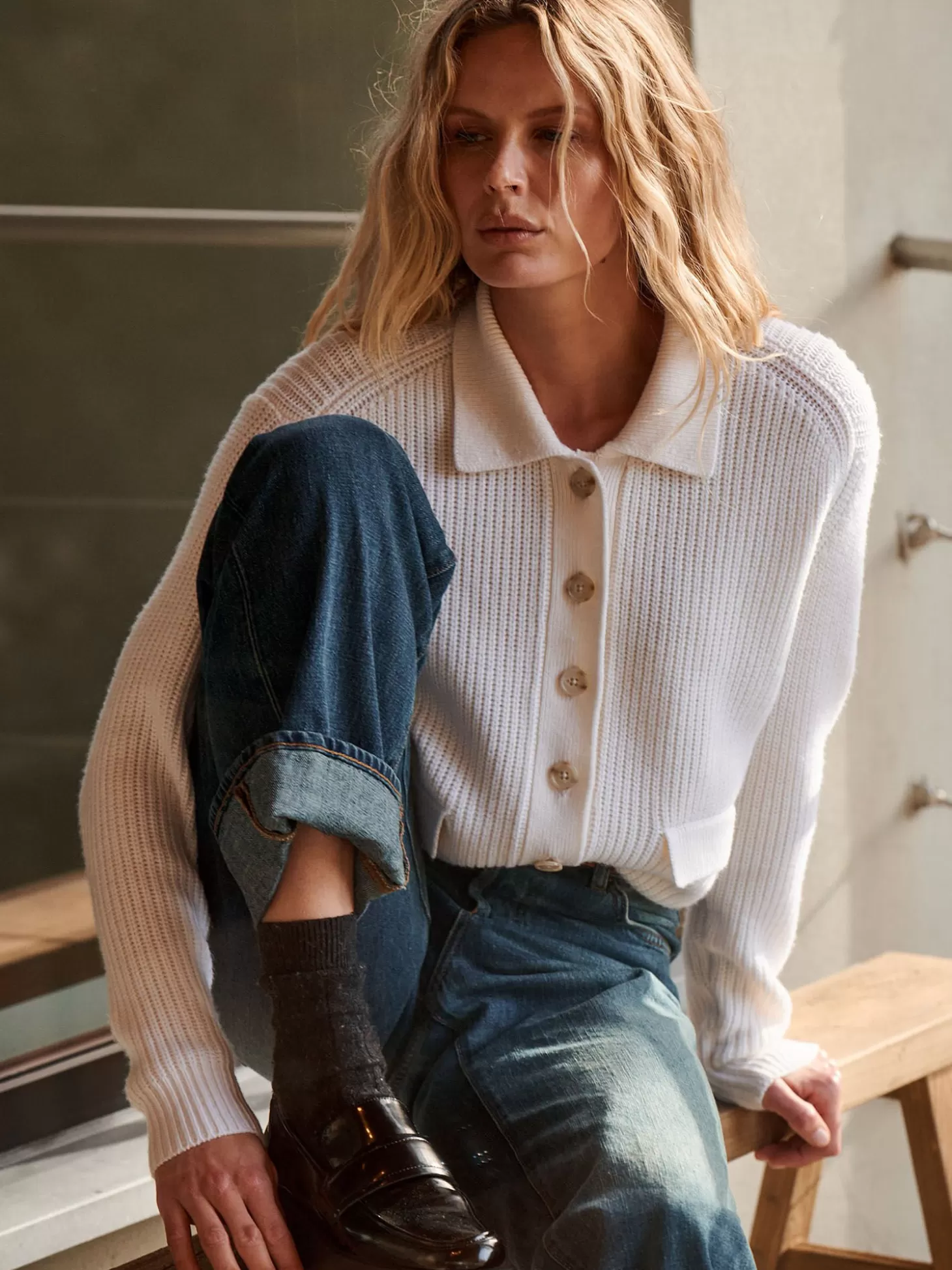 REPEAT cashmere Cardigan Cotele En Laine Merinos Avec Col Polo Cream Hot