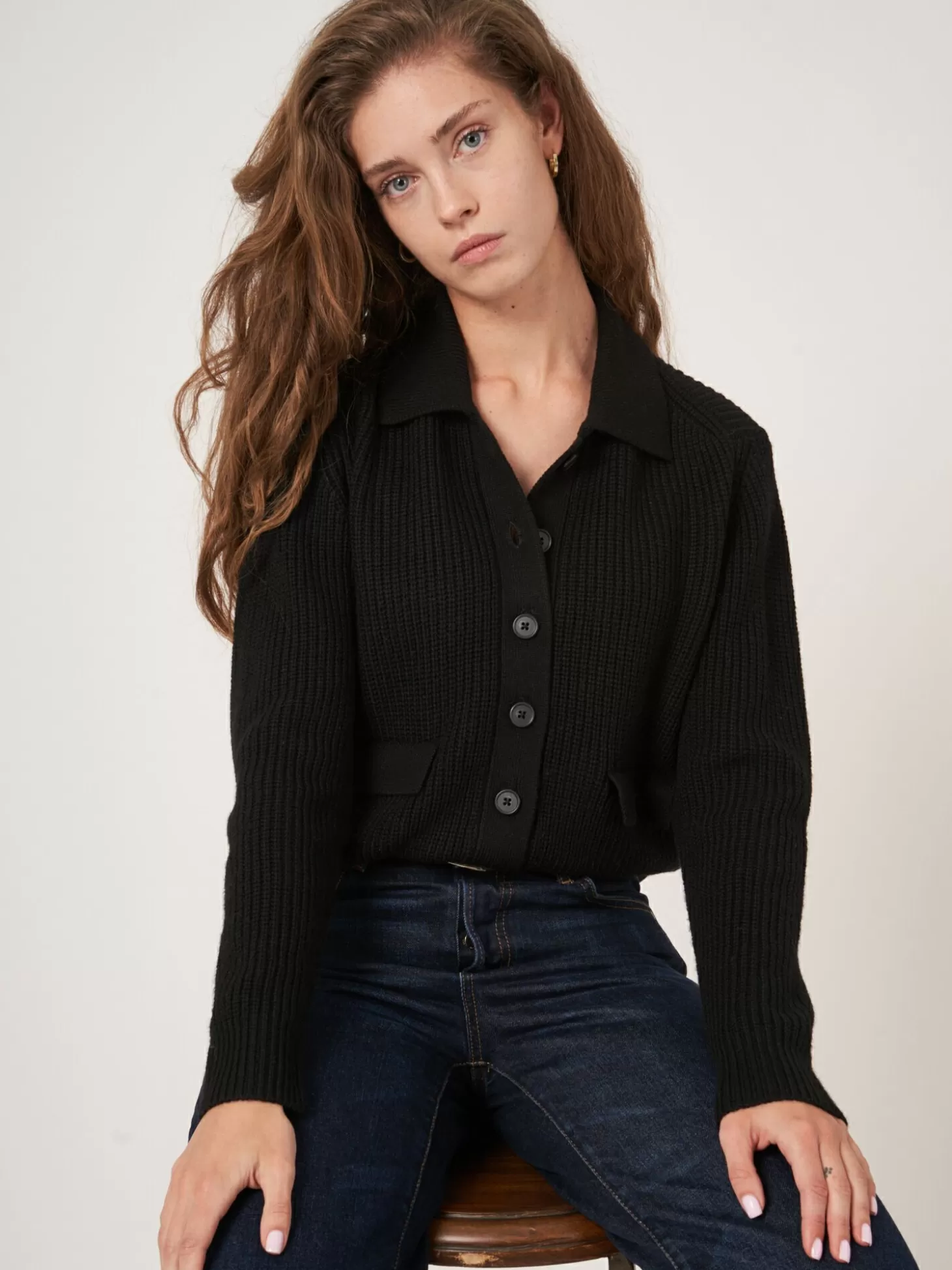 REPEAT cashmere Cardigan Cotele En Laine Merinos Avec Col Polo Black Sale