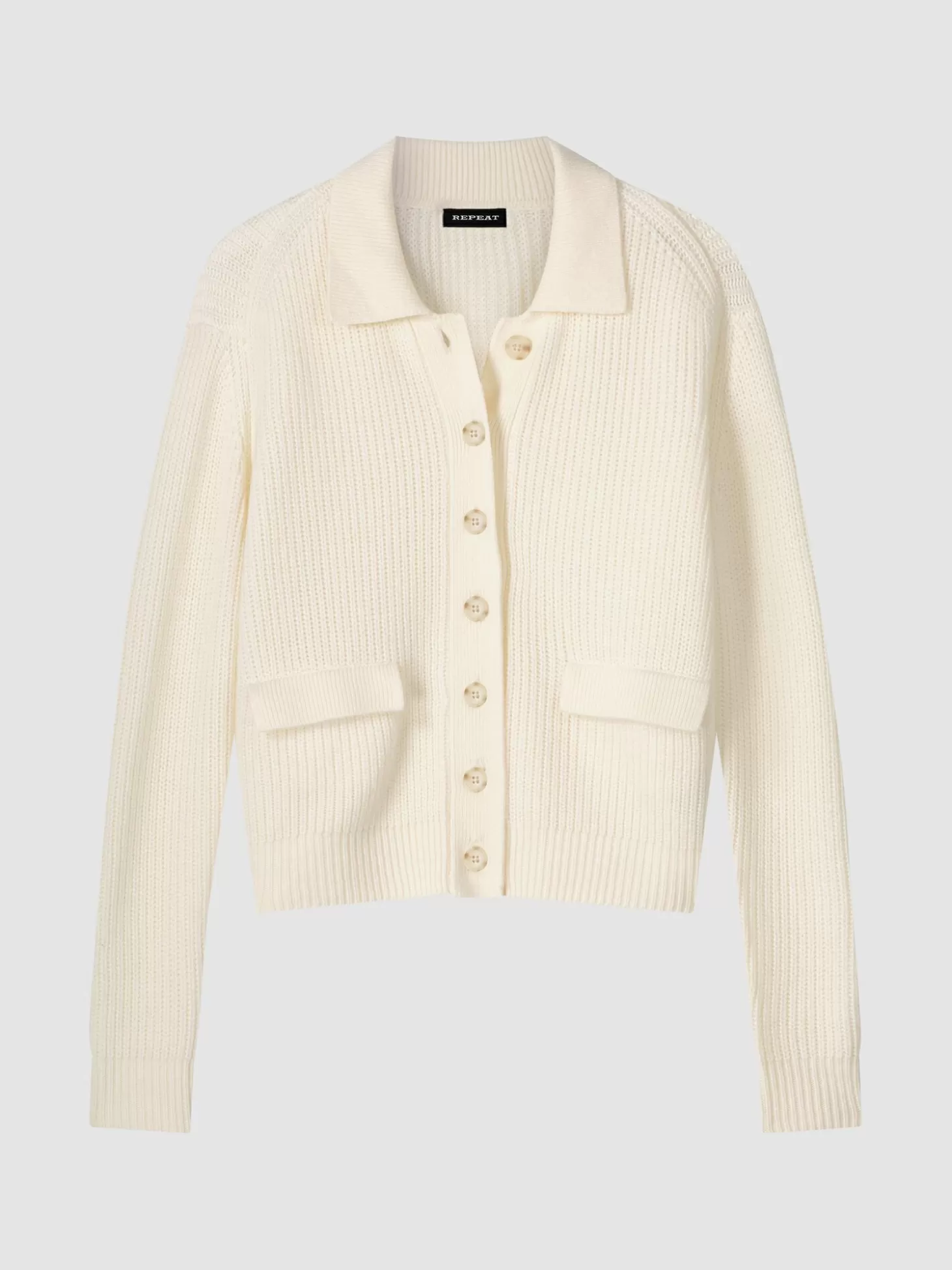 REPEAT cashmere Cardigan Cotele En Laine Merinos Avec Col Polo Cream Hot