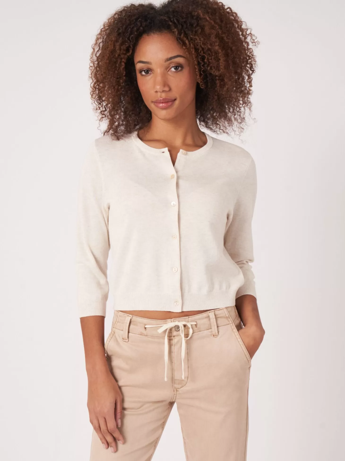REPEAT cashmere Cardigan Court A Col Ras Du Cou En Coton Biologique Ivory Store
