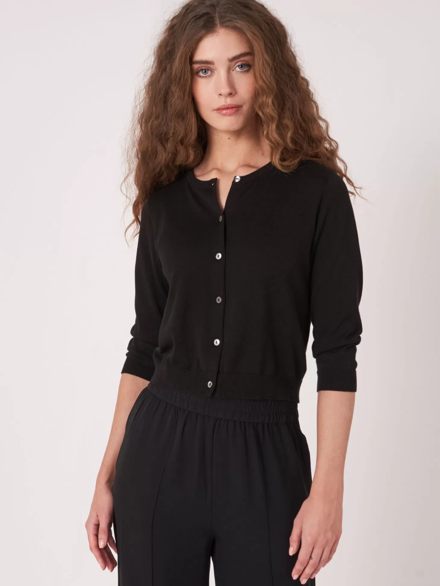 REPEAT cashmere Cardigan Court A Col Ras Du Cou En Coton Biologique Black Cheap