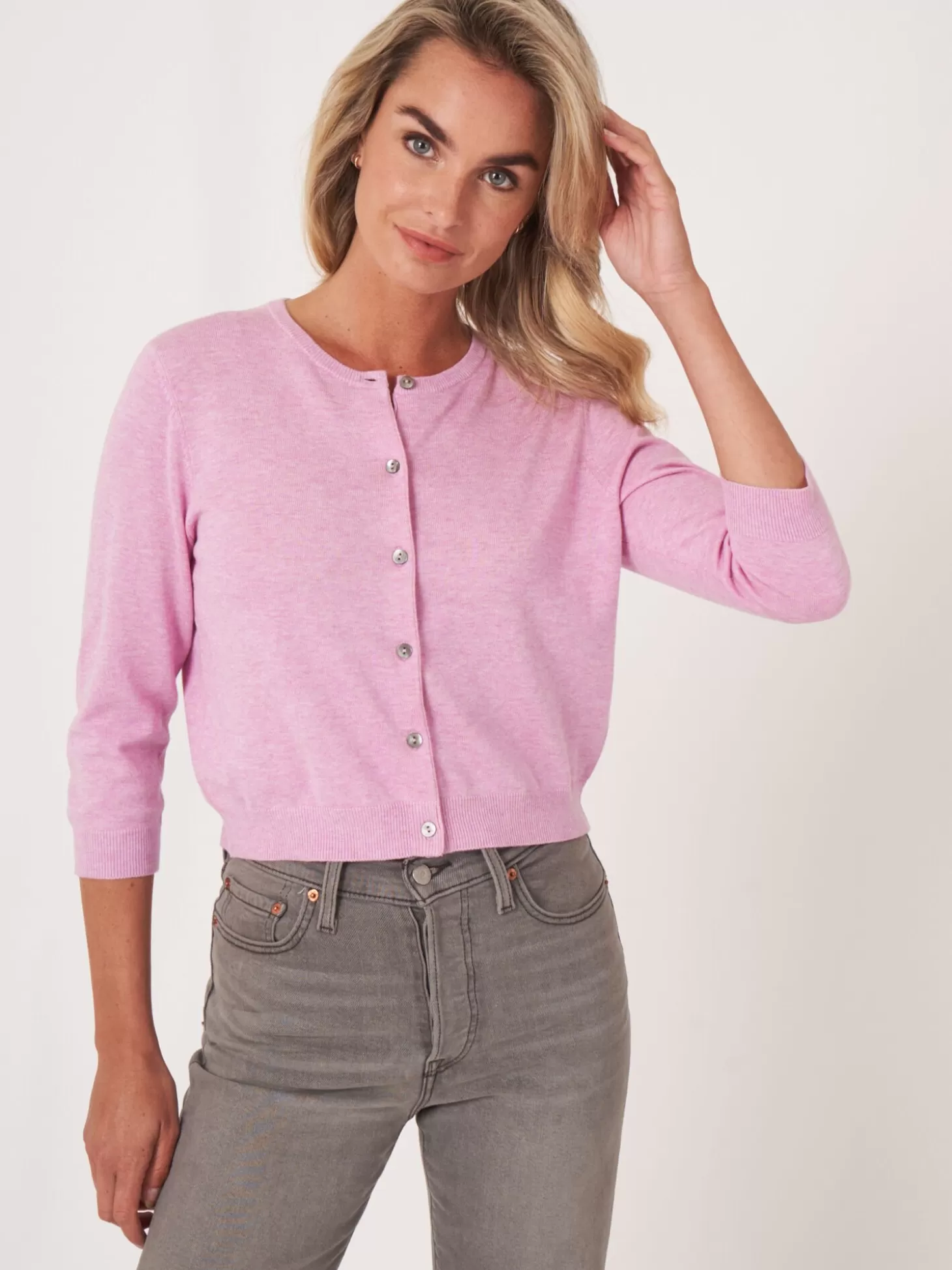 REPEAT cashmere Cardigan Court A Col Ras Du Cou En Coton Biologique Orchid Discount