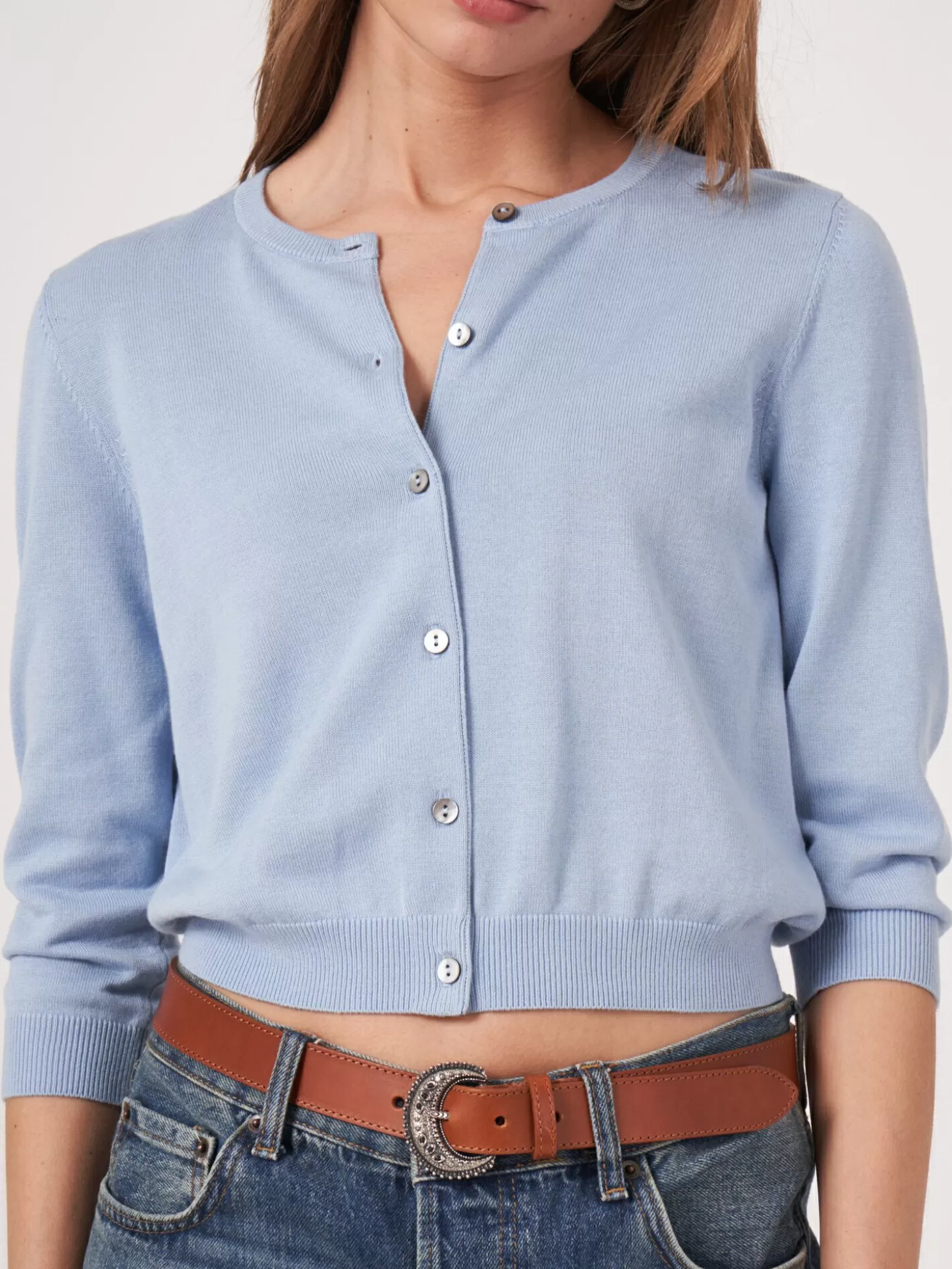 REPEAT cashmere Cardigan Court A Col Ras Du Cou En Coton Biologique Lt Blue New