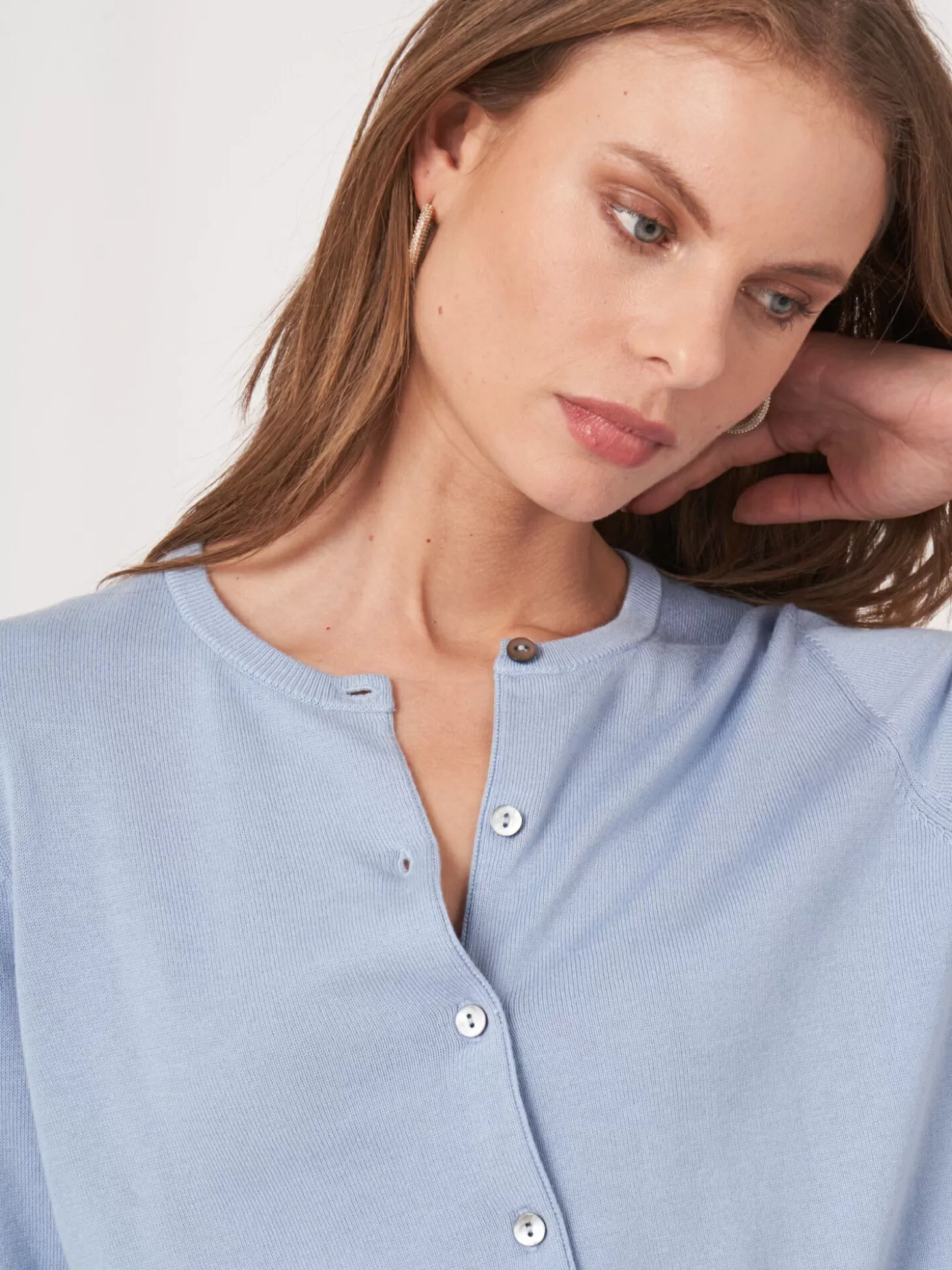 REPEAT cashmere Cardigan Court A Col Ras Du Cou En Coton Biologique Lt Blue New