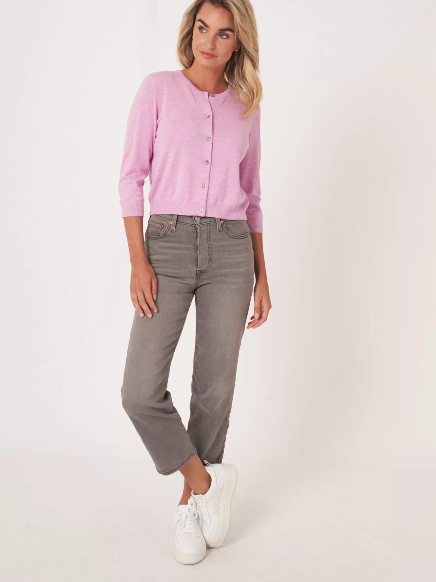 REPEAT cashmere Cardigan Court A Col Ras Du Cou En Coton Biologique Orchid Discount